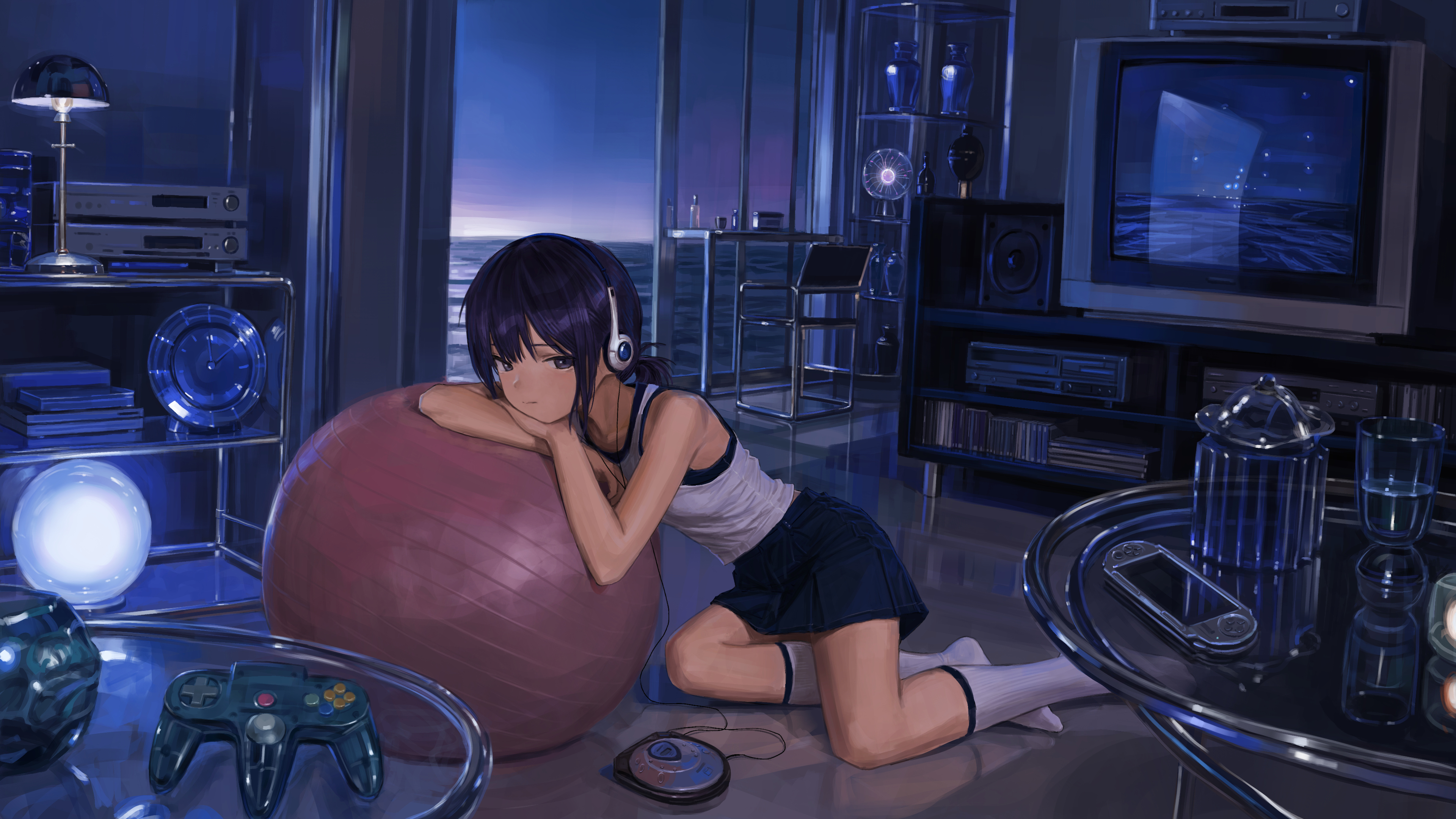 动漫女孩 短发 耳机 室内 健身球 听音乐 4K壁纸 3840x2160