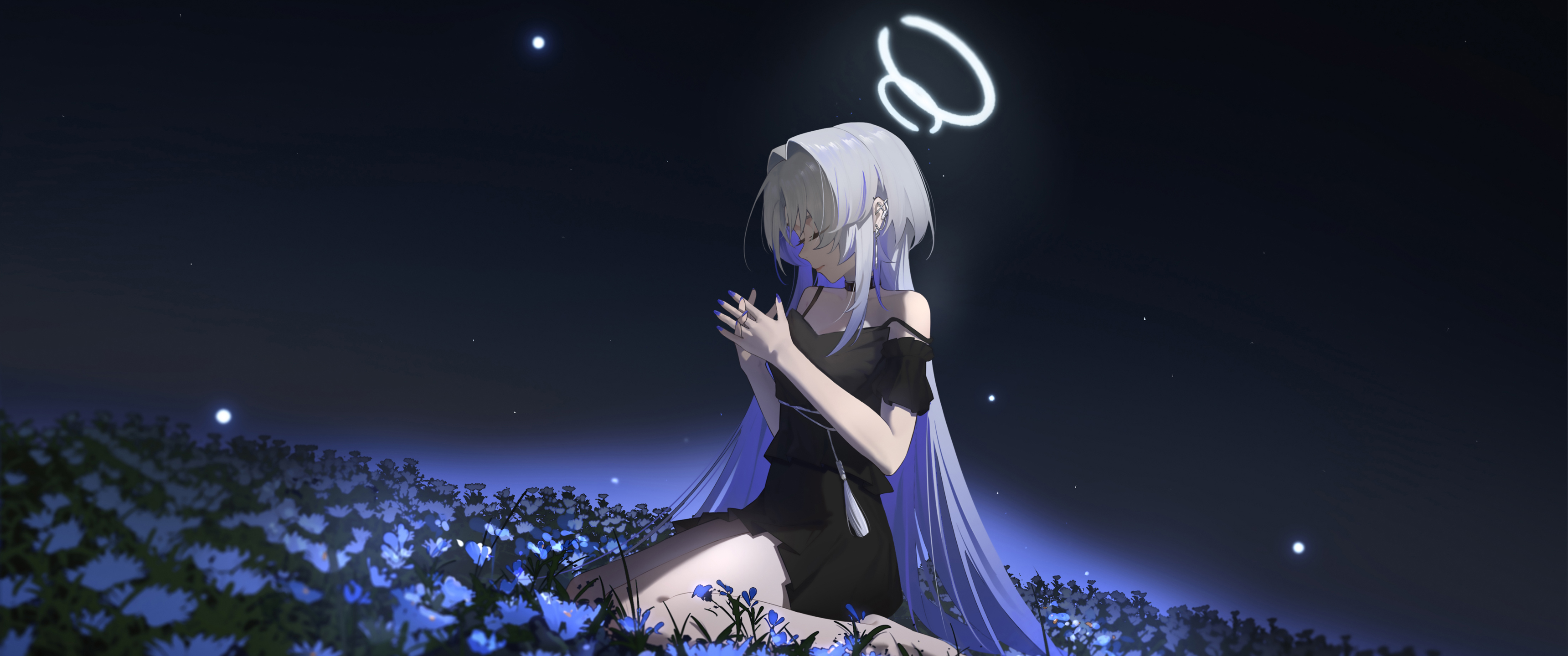 动漫女孩 花海 蓝花 暗黑 4k带鱼屏壁纸3440x1440