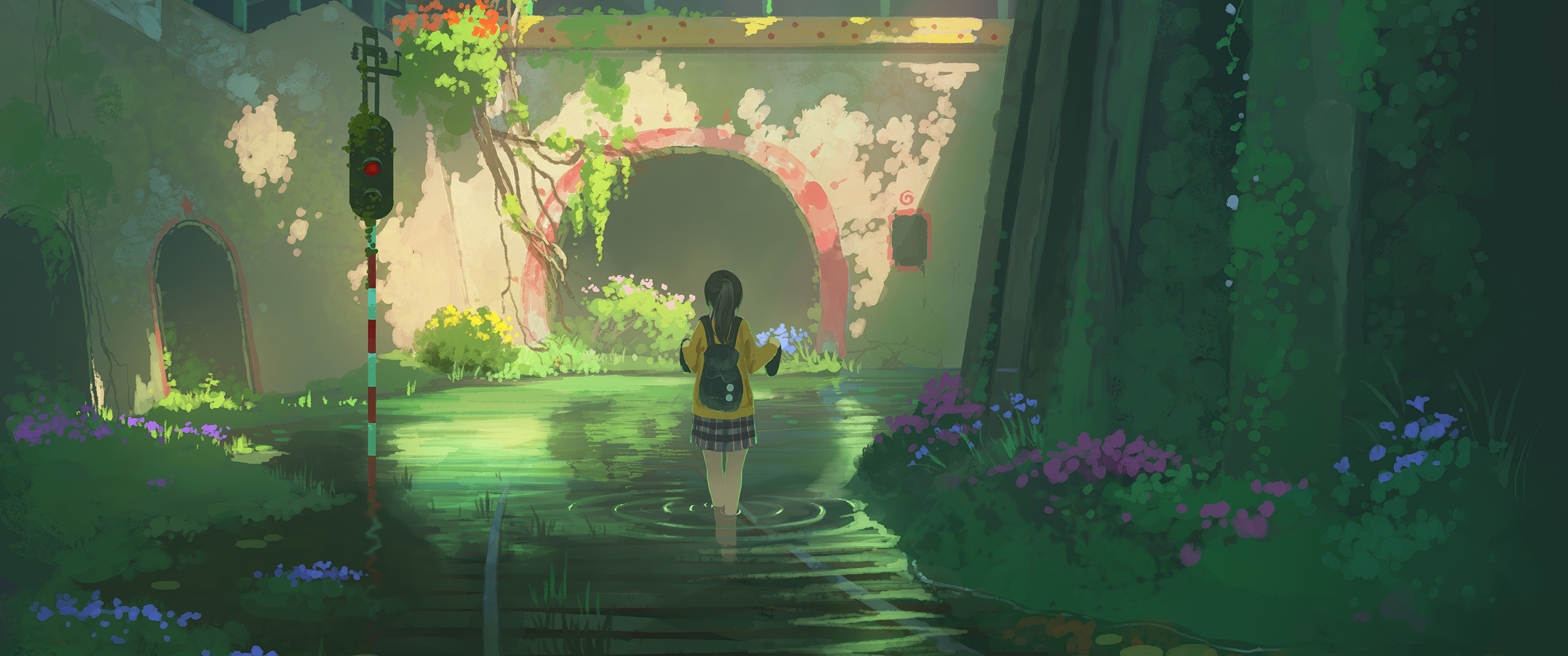 动漫少女背影 废弃火车轨道 水 隧道 3440x1440带鱼屏壁纸