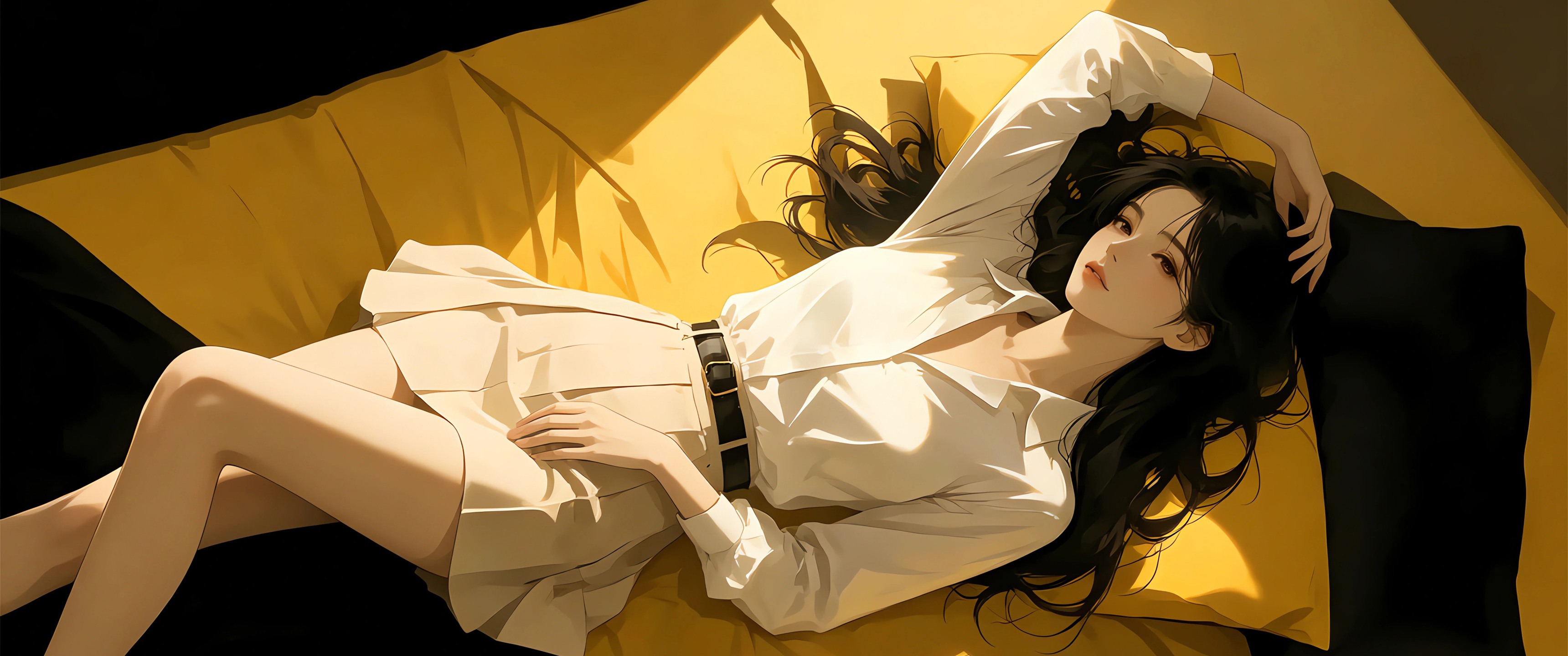 动漫插画少女慵懒卧床 光影 4k带鱼屏壁纸3440x1440