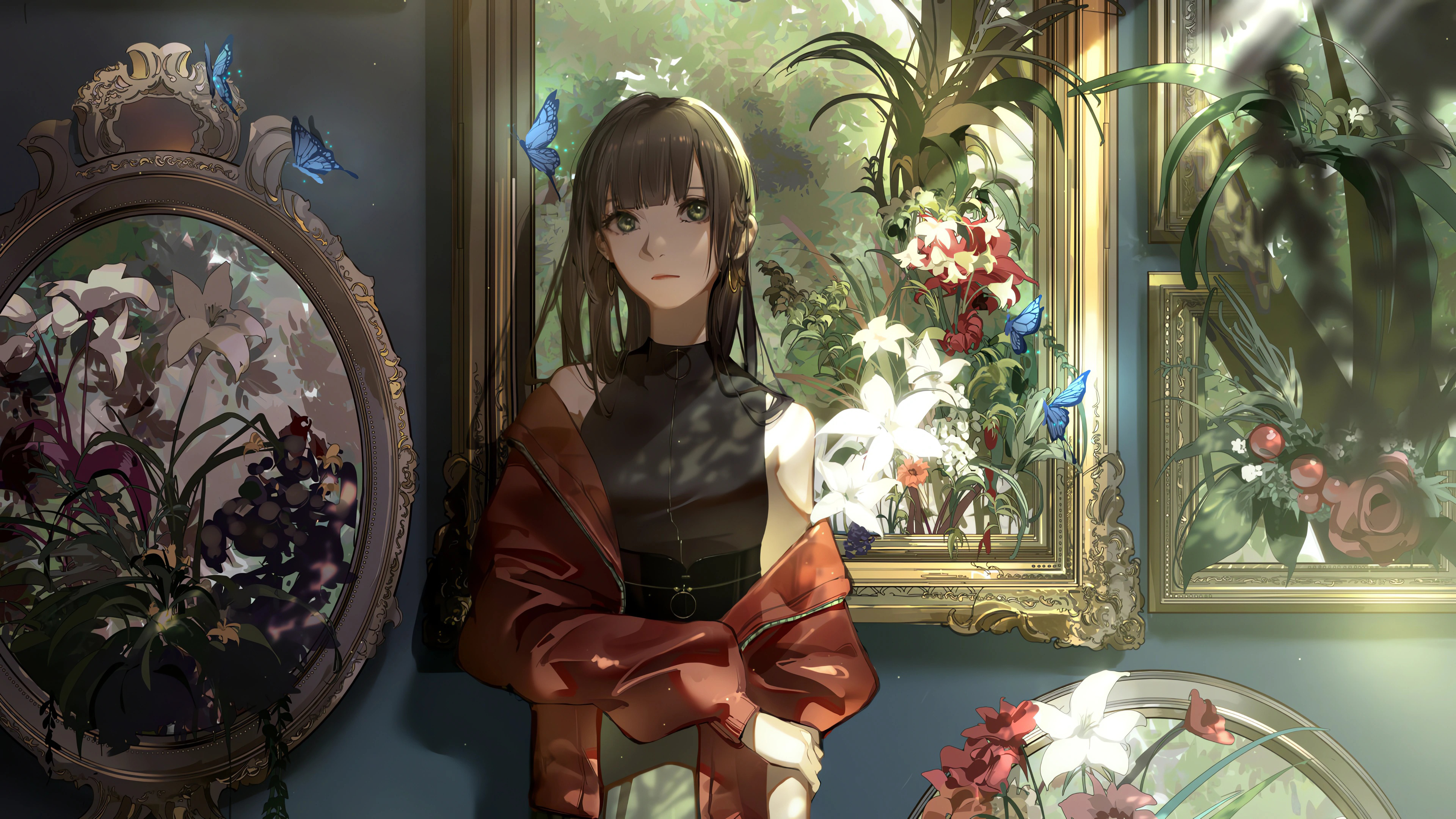 动漫美女 室内 画框 鲜花 蝴蝶 4K动漫壁纸 3840x2160