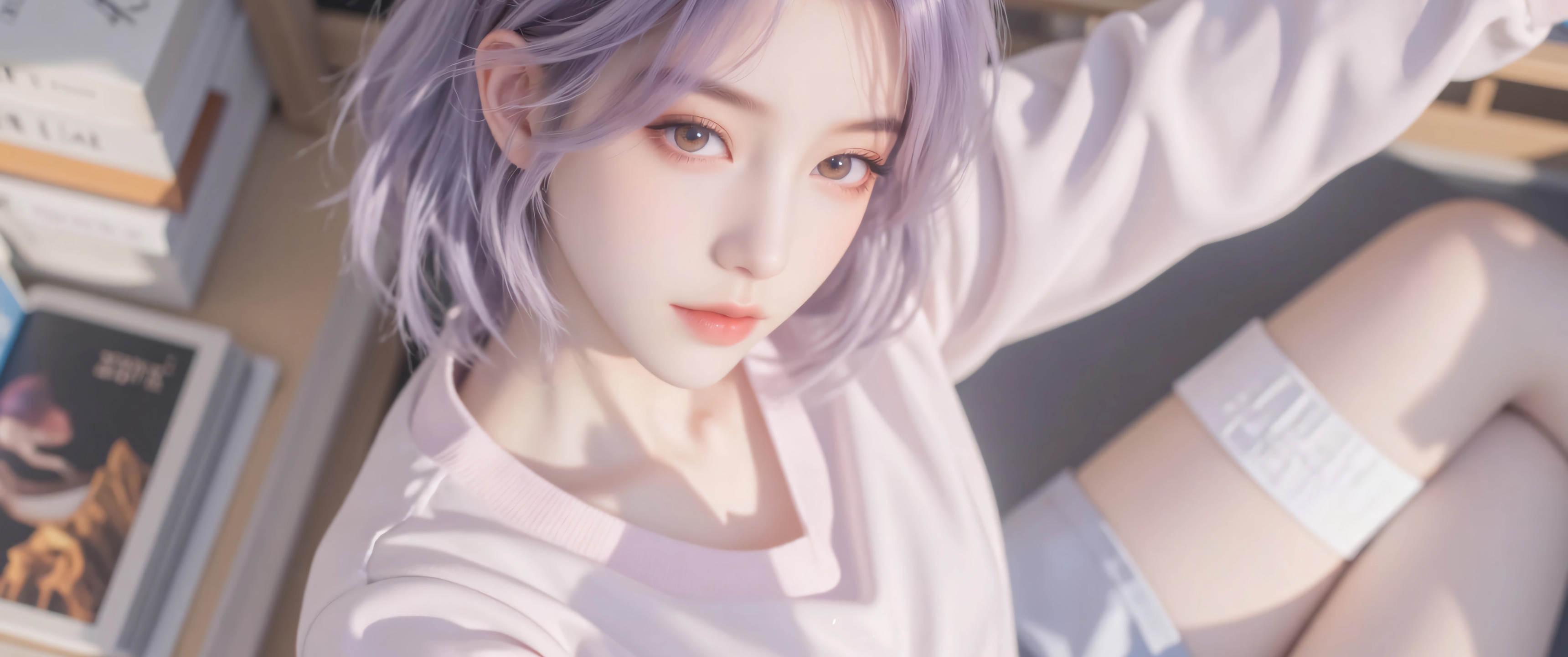 动漫美女紫色短发居家3440x1440带鱼屏壁纸超清