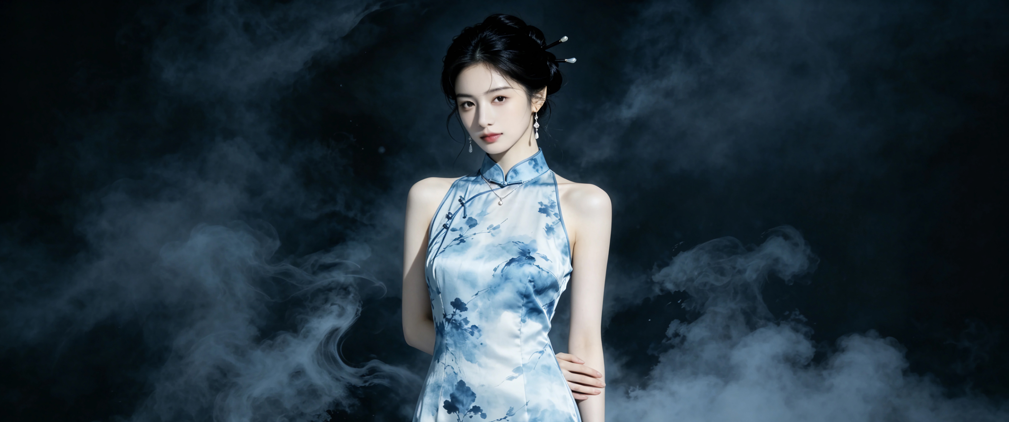 动漫风旗袍美女 暗黑背景 3440x1440带鱼屏壁纸
