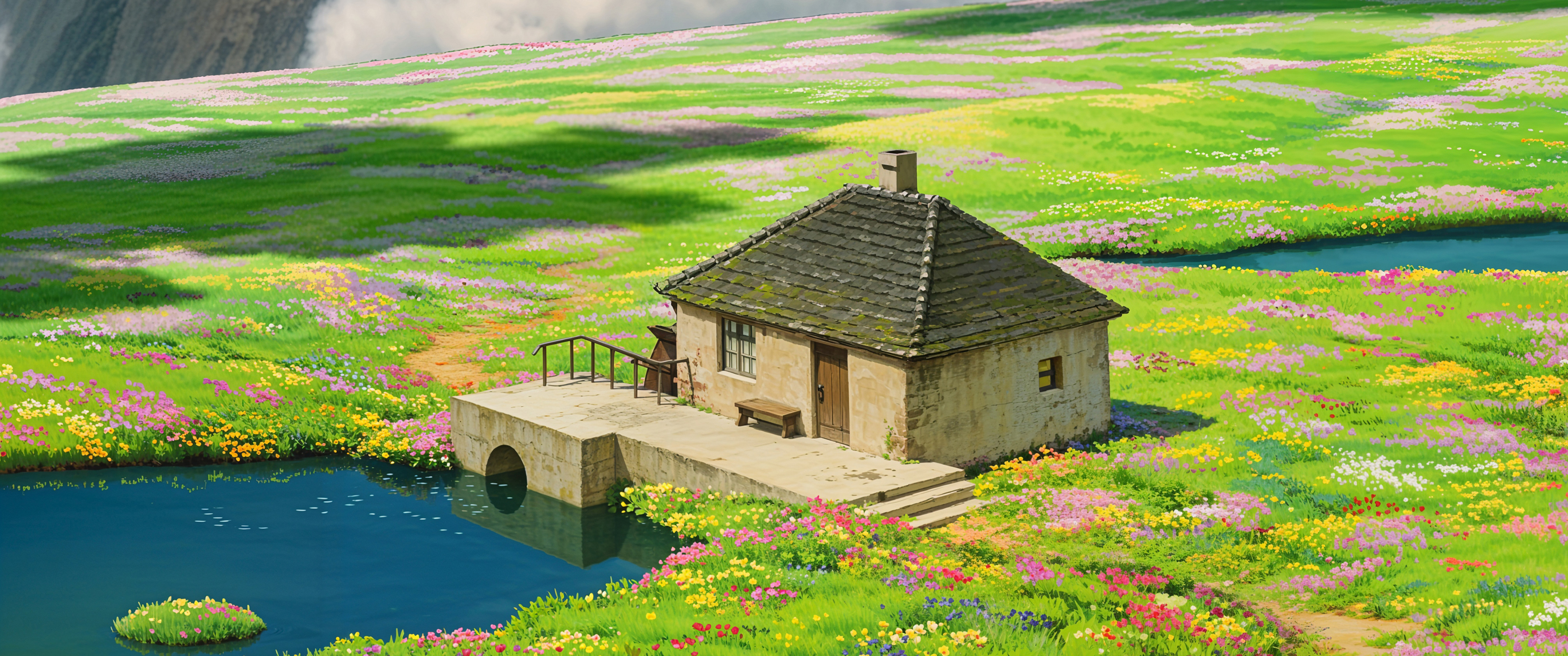 动漫风景 小屋房子 水 田野 宁静 花朵 小路 4K高清带鱼屏壁纸 3440x1440