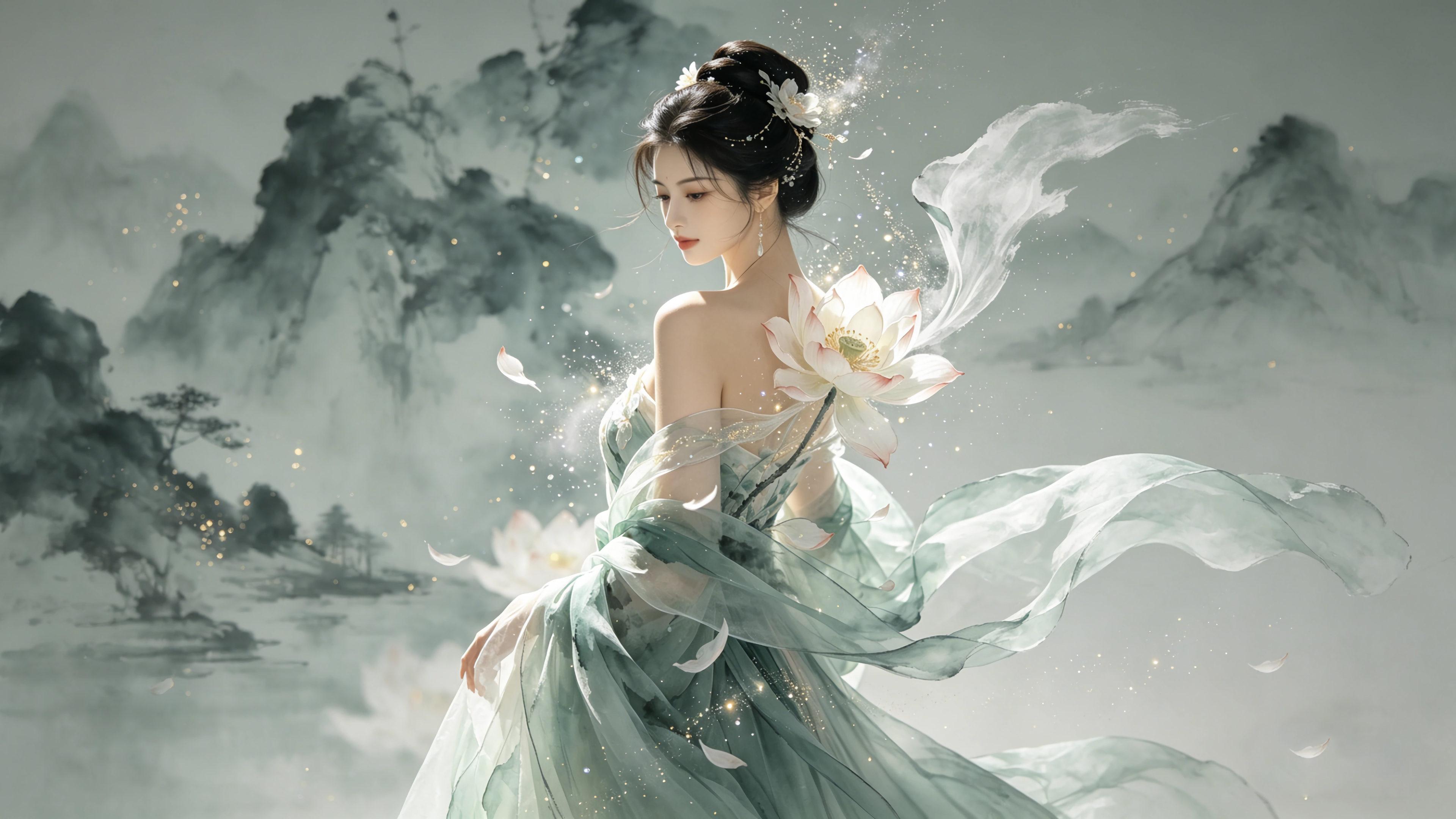 古风美女 荷花 水墨风山水画 4K壁纸 3840x2160