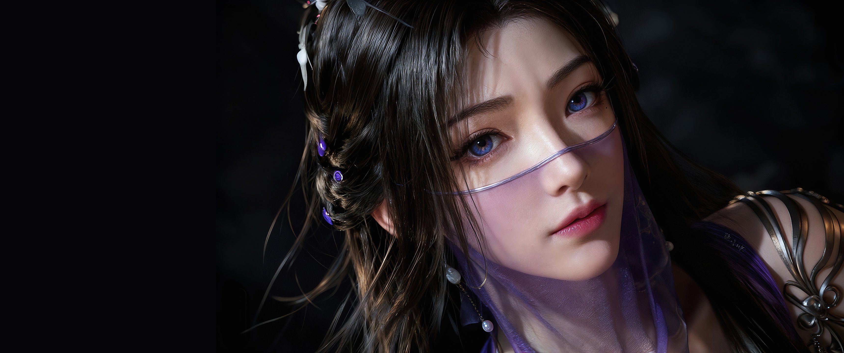 古风美女紫灵高清带鱼屏壁纸3440x1440