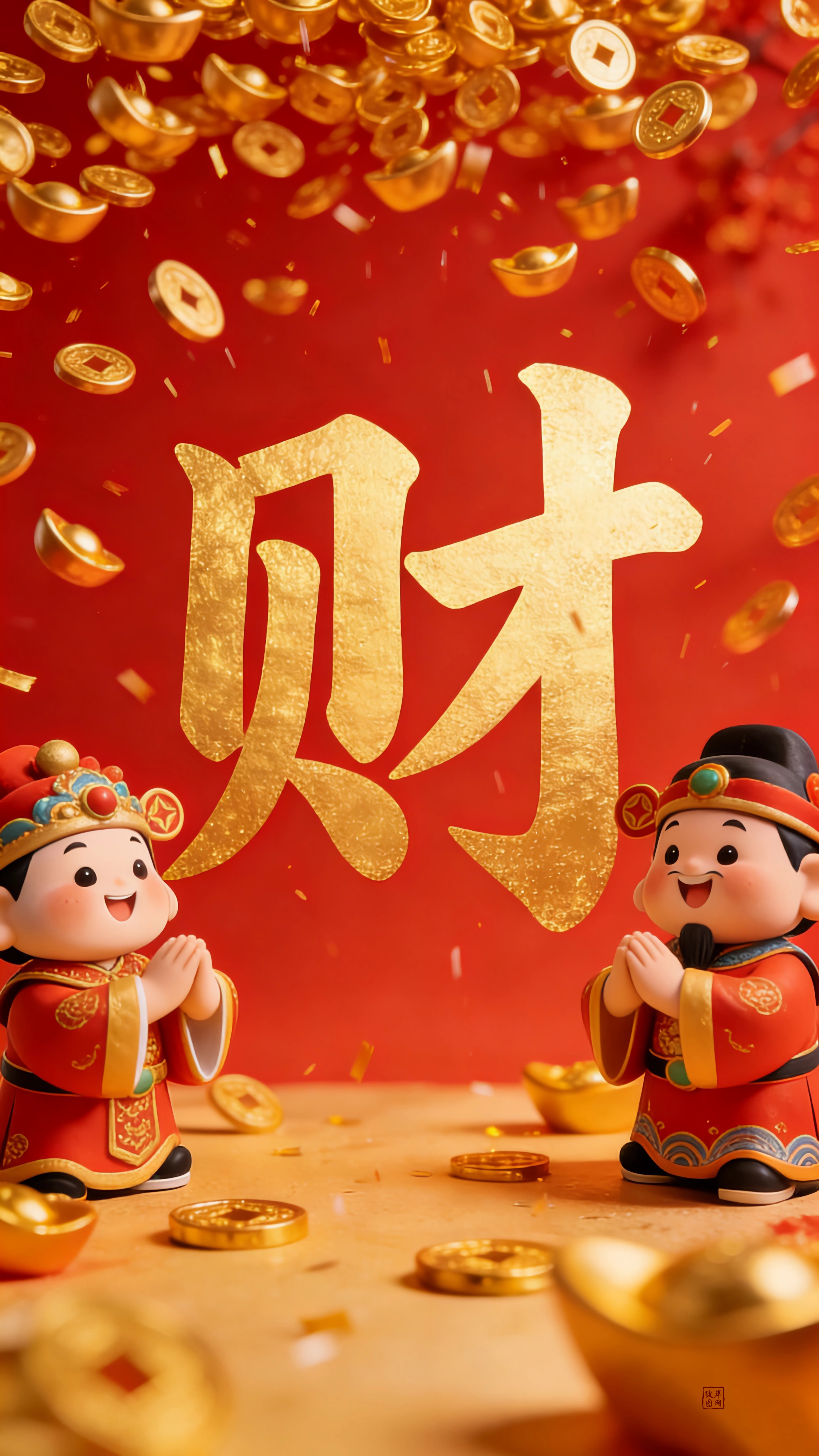可爱财神 元宝钱雨 金色财字 红色喜庆背景 4k手机壁纸竖屏