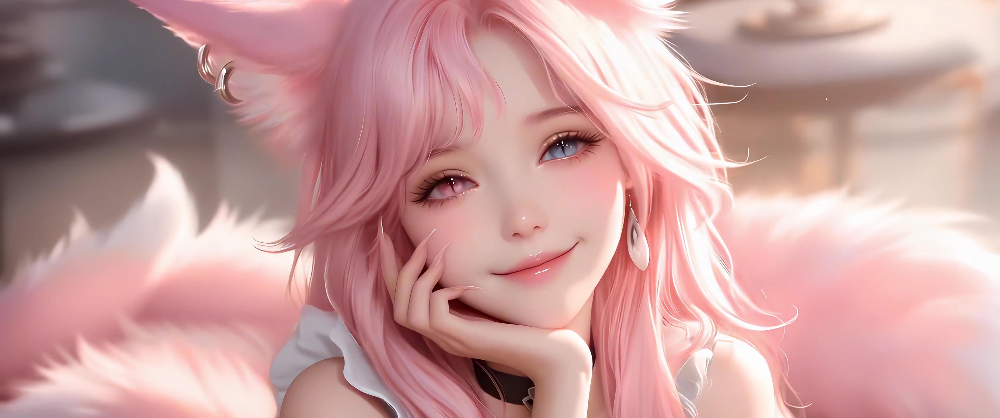 可爱阿狸 一手托腮 兽耳 粉色长发 带鱼屏壁纸3440x1440