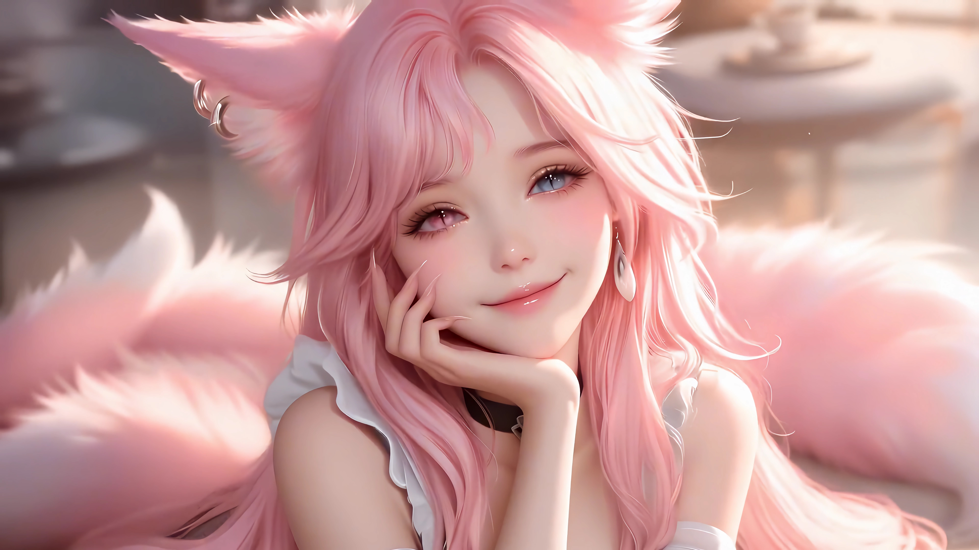 可爱阿狸 兽耳 粉色长发 一手托腮 4K动漫壁纸3840x2160