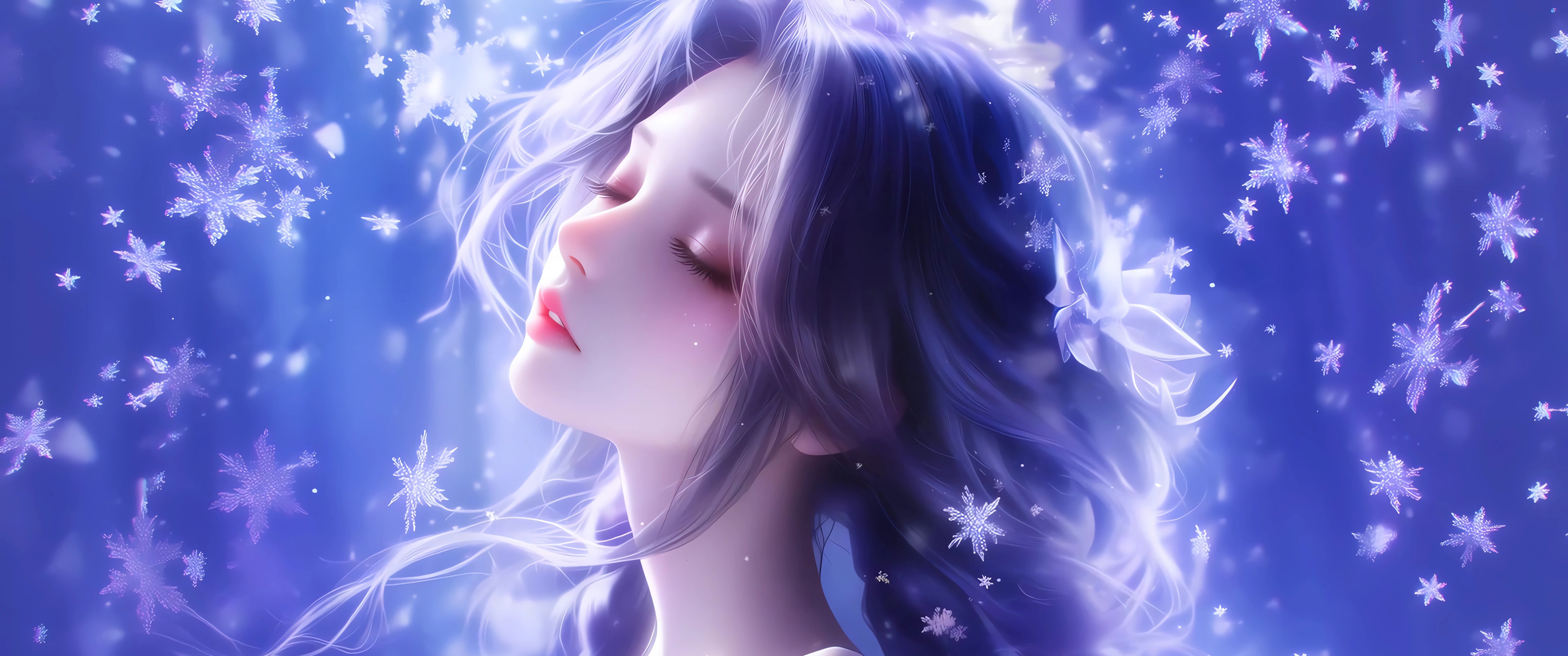 唯美飘雪星空 紫色长辫子美女 3440x1440带鱼屏壁纸动漫