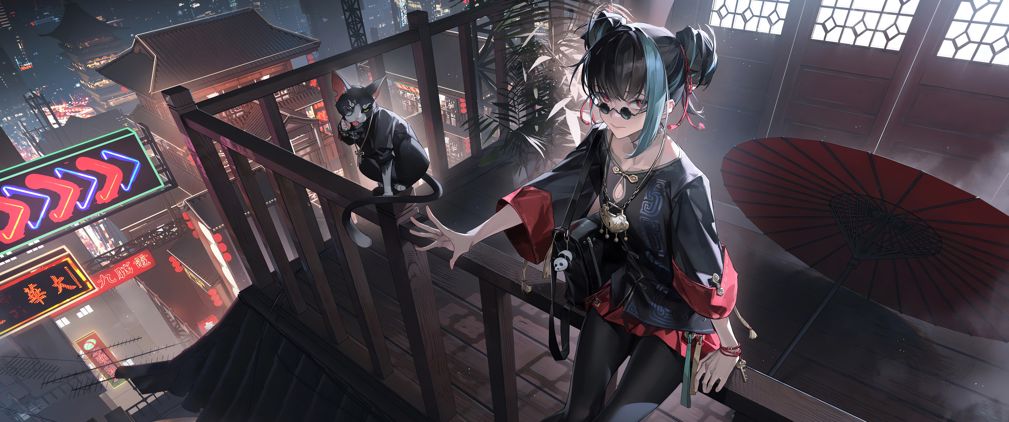 墨镜少女 国漫 赛博古风3440x1440带鱼屏壁纸
