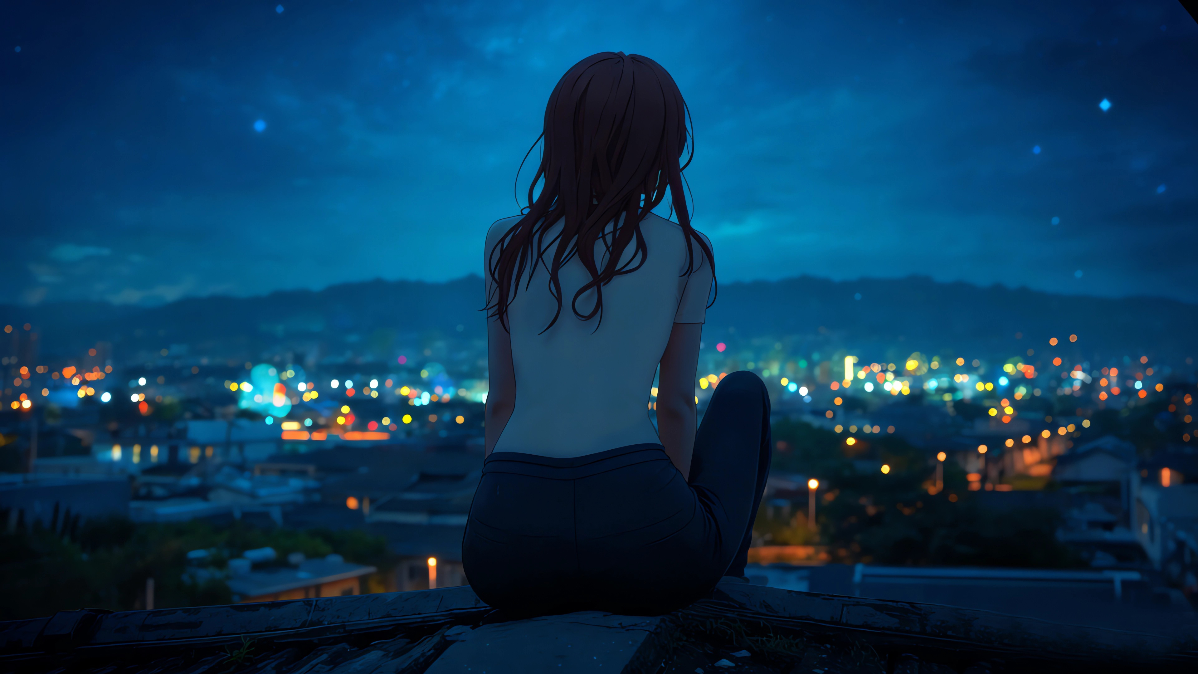 夜晚小镇灯光 女孩坐着背影 望着远处 4K动漫壁纸