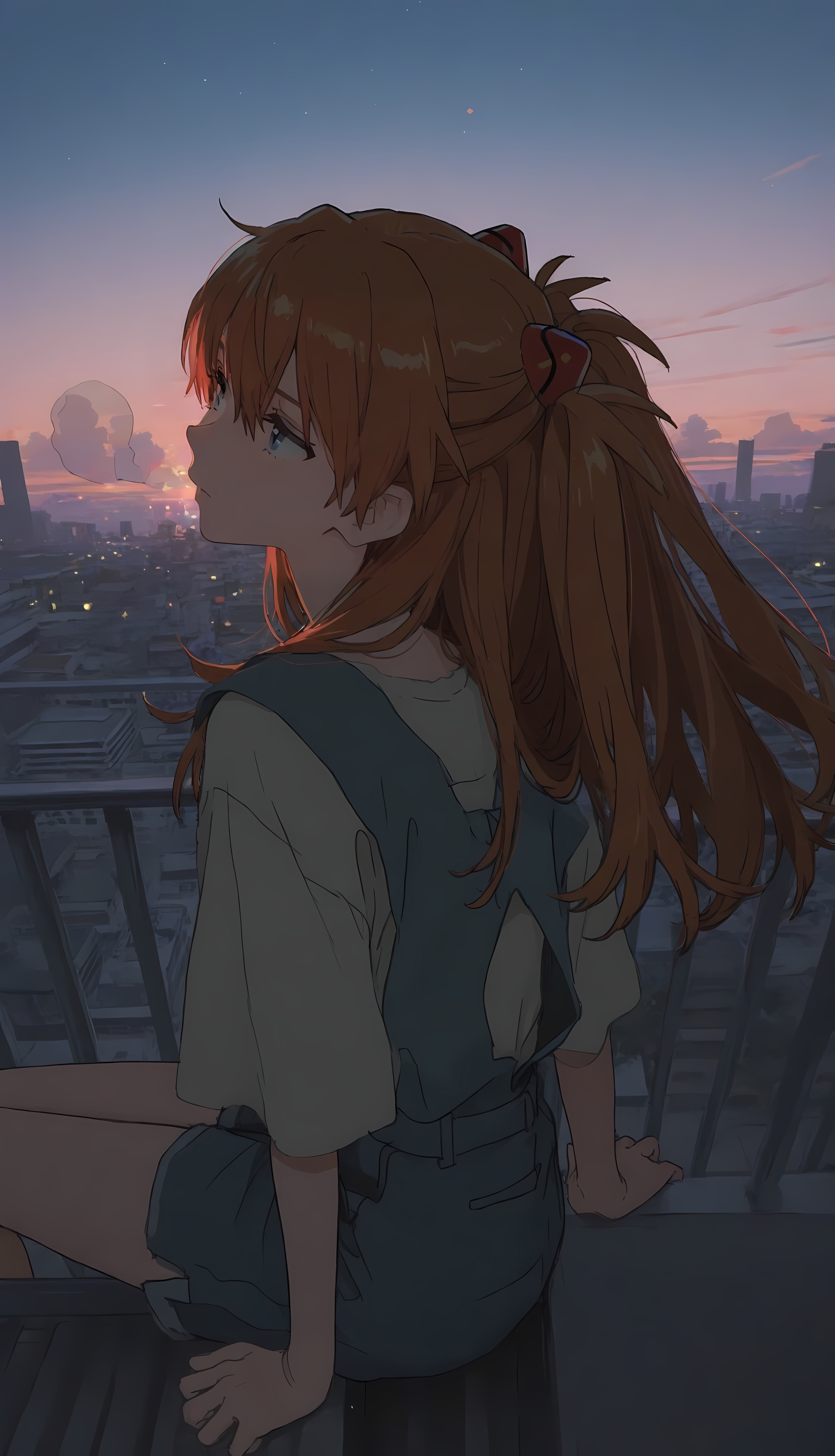 天台 明日香 背影 黄昏 4k手机壁纸