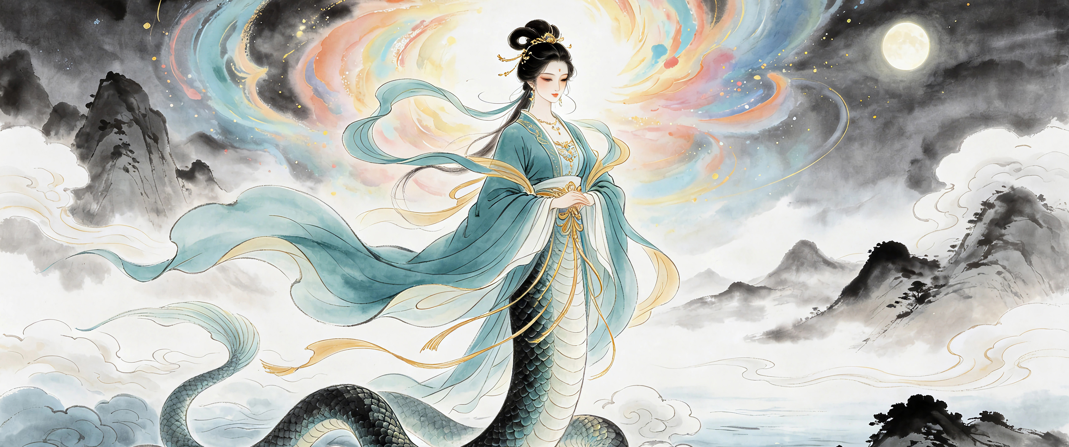 女娲 唯美古风水墨画 带鱼屏壁纸3440x1440