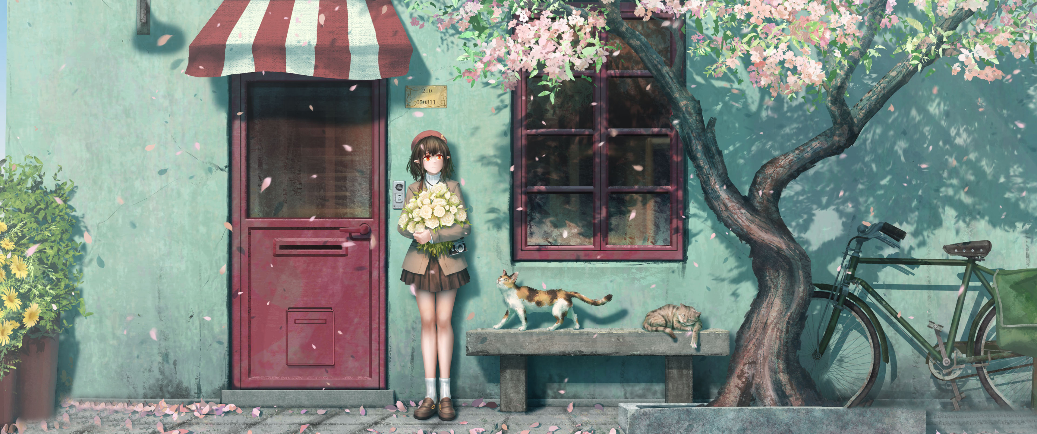 女孩 抱着鲜花 微笑 猫 自行车 树木 门 花朵 带鱼屏动漫壁纸3440x1440