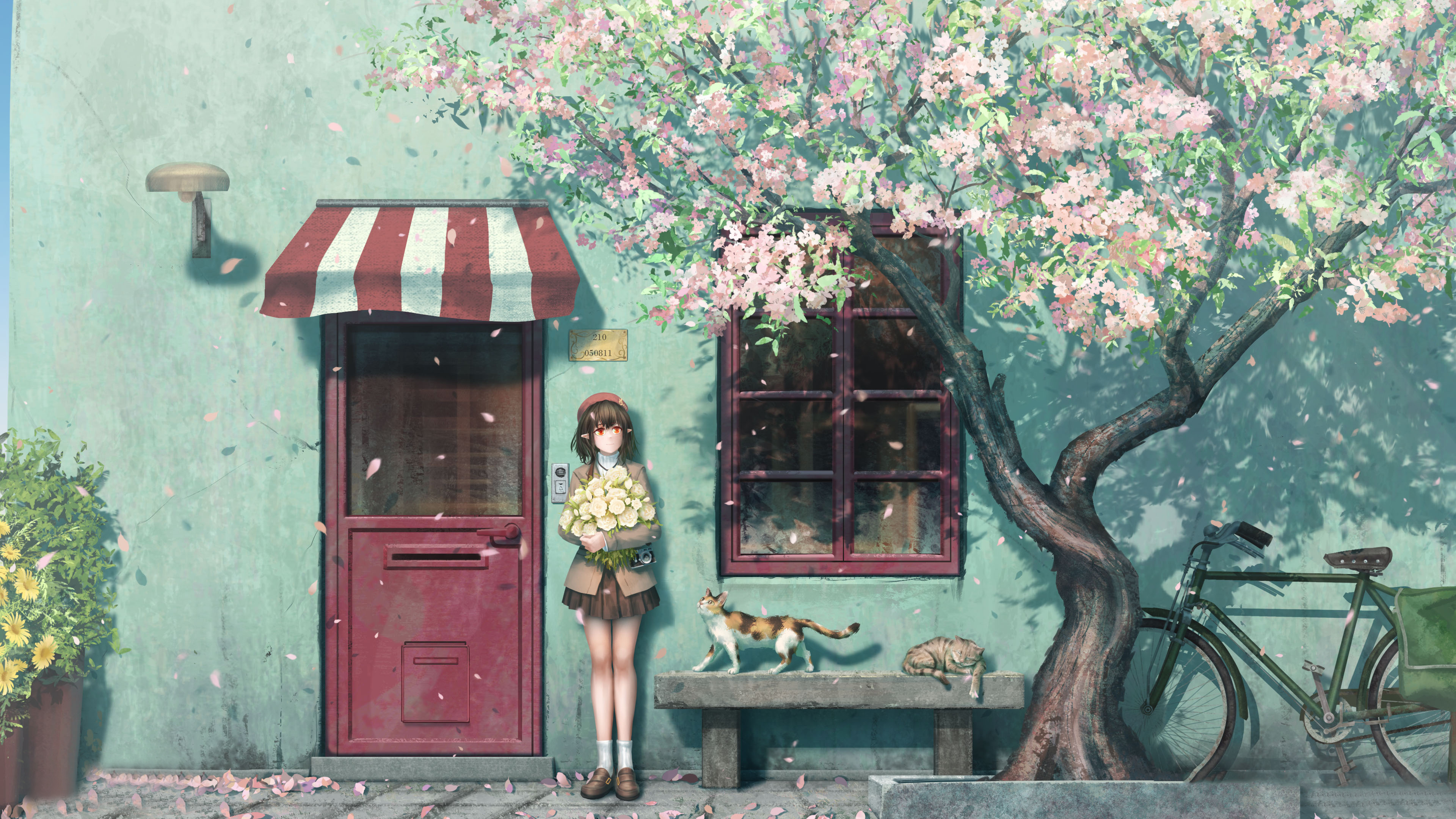 女孩 抱着鲜花 站立 微笑 插画 猫 自行车 树木 门 花朵 4K动漫壁纸