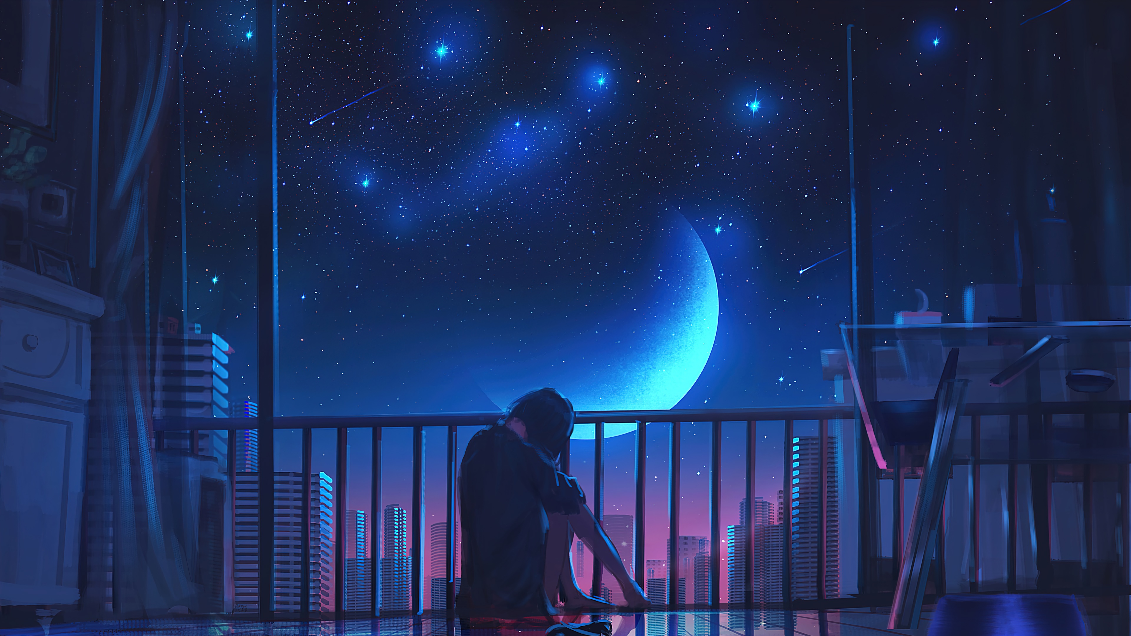 女孩短发 坐着 夜晚风景 星空 城市 月亮 星空 4k动漫壁纸