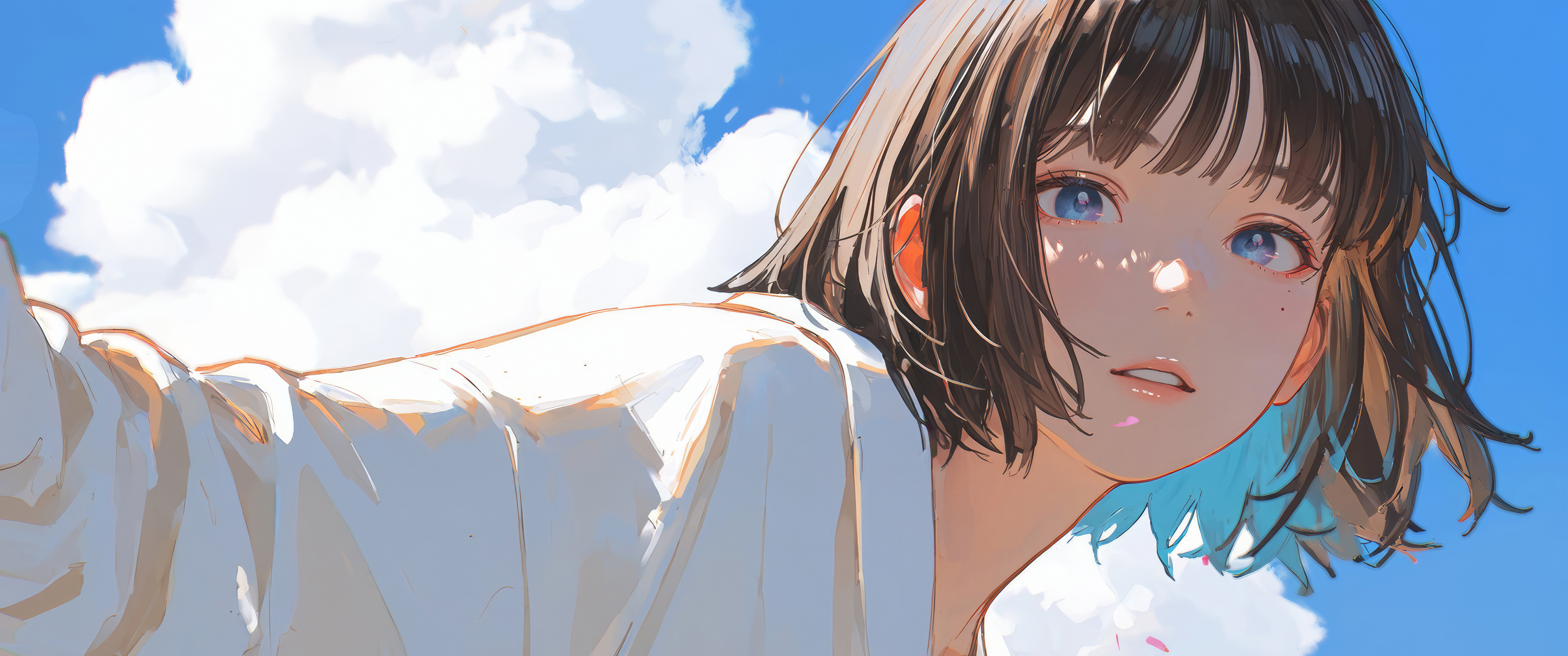 宁静蓝天 可爱短发动漫女孩 高清带鱼屏壁纸3440x1440