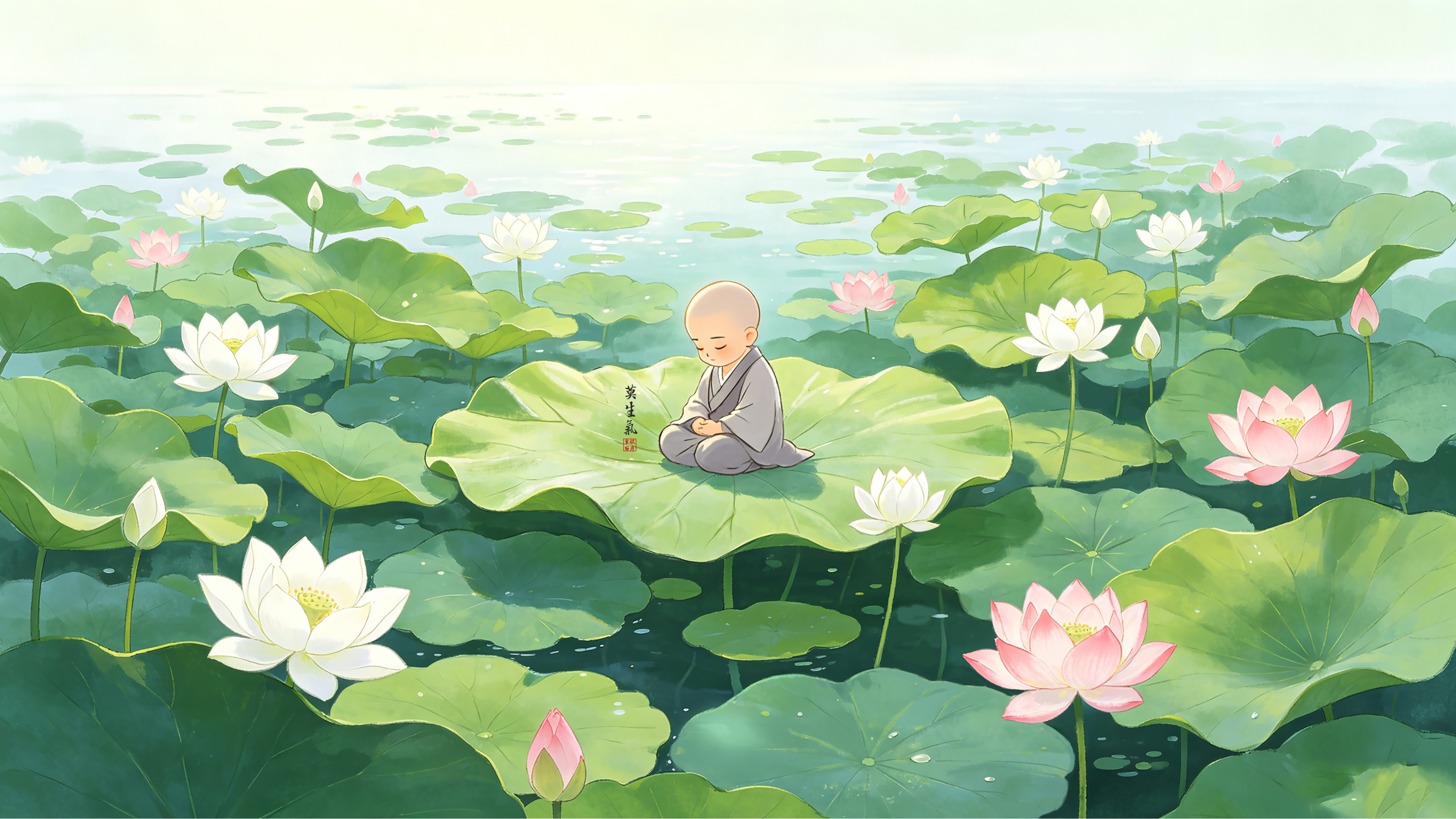 小和尚坐荷叶莫生气4K壁纸3840x2160