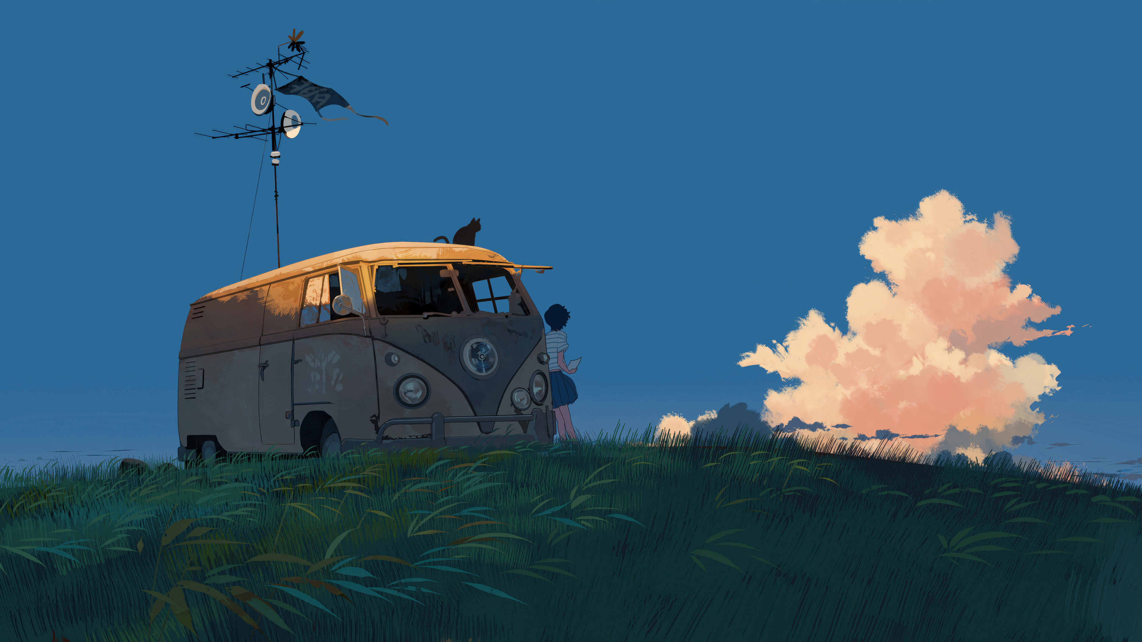 少女 信 天空 云 汽车 草地 4k壁纸 3840x2160