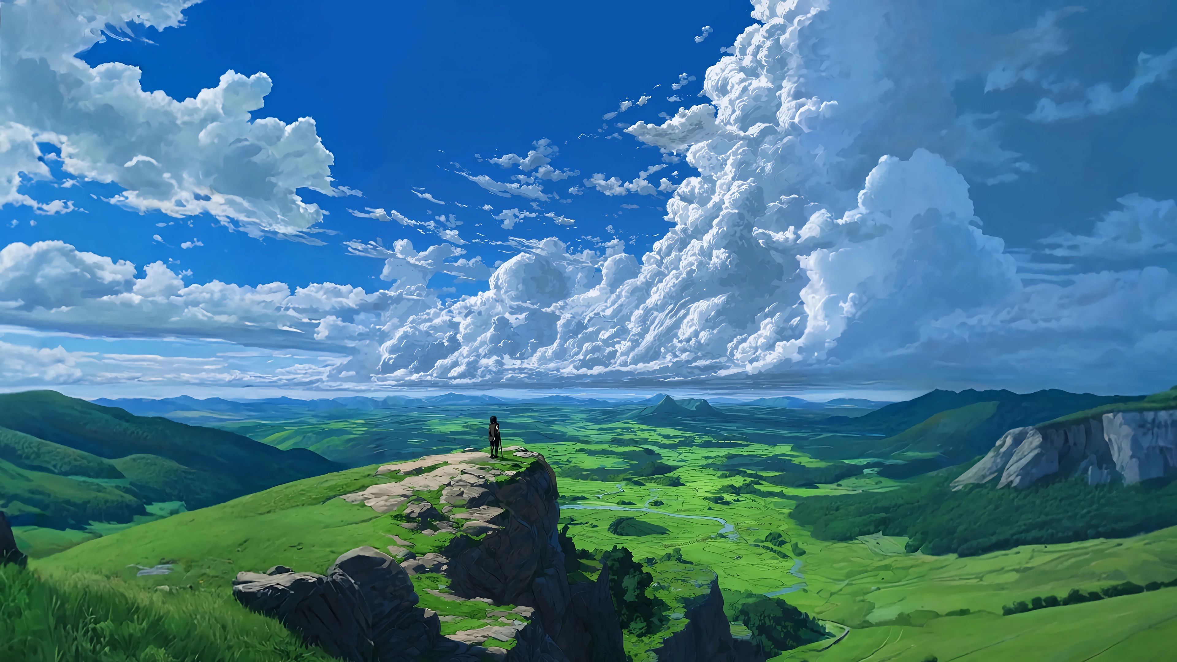 山脉 远景 悬崖旷野 绿色田野 蓝天云海 绘画 4K风景壁纸3840x2160