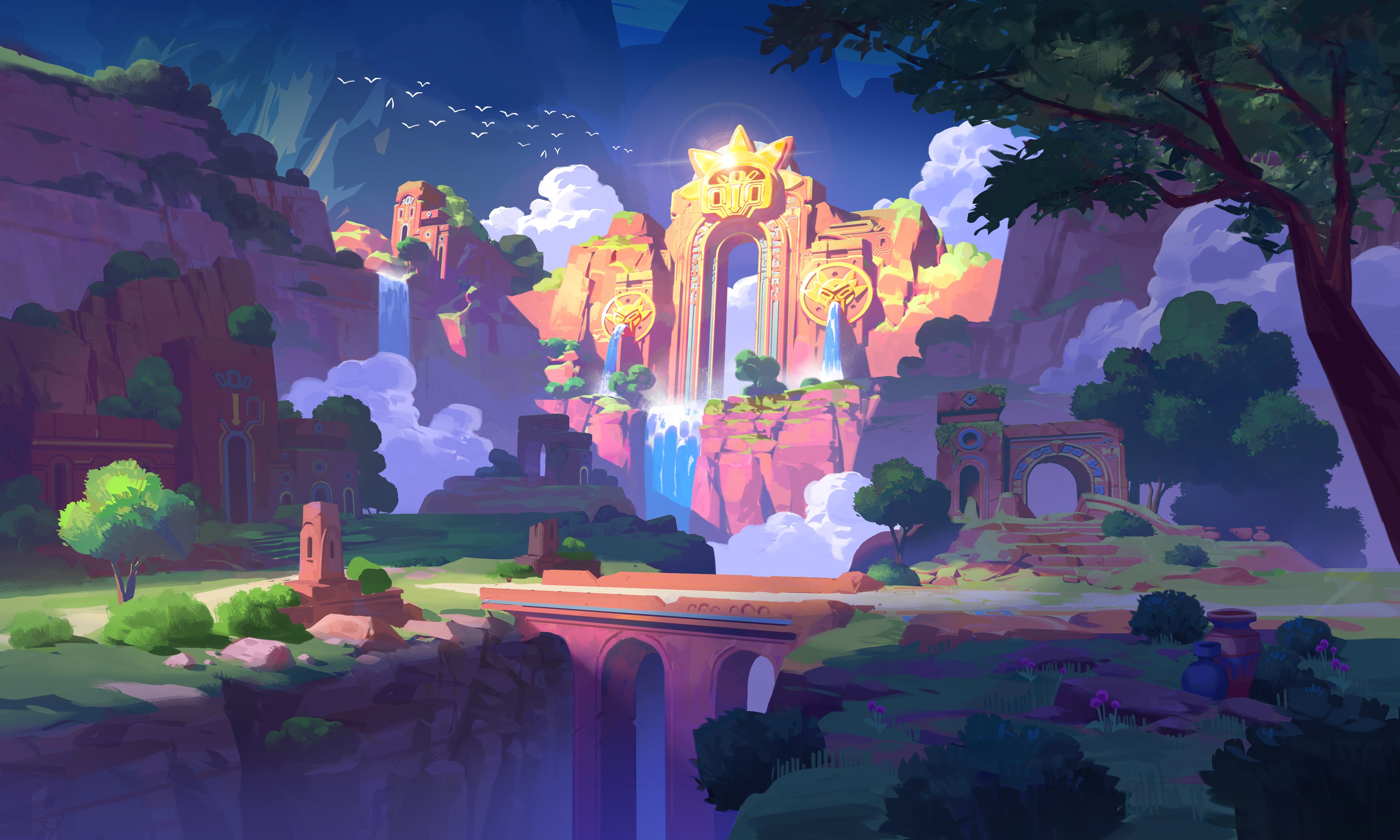 悬崖 瀑布 天空 山脉 草地 桥梁 石拱门 绘画风景 4K壁纸