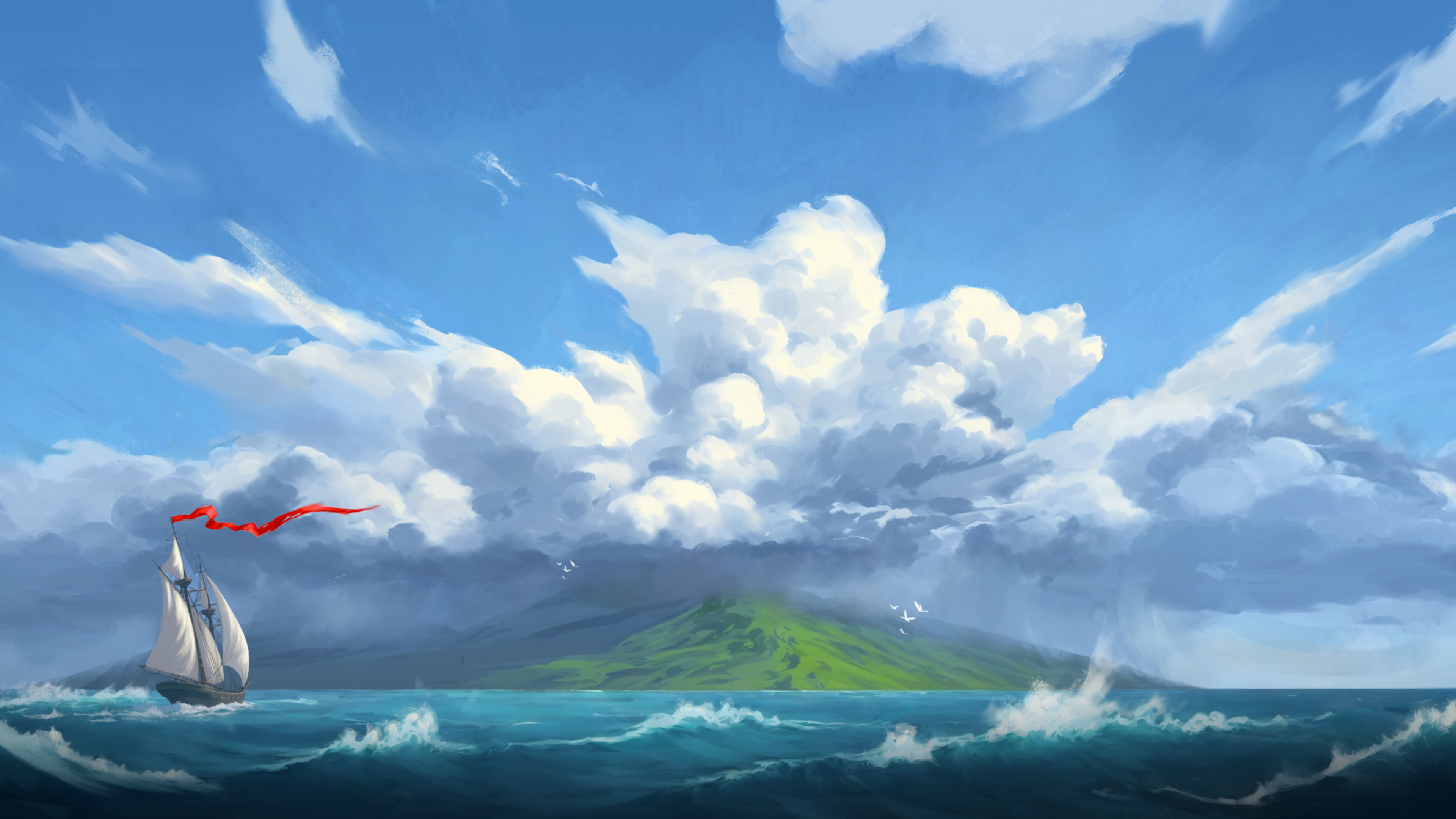扬帆破浪 绿岛 云海 绘画风景4K高清壁纸3840x2160
