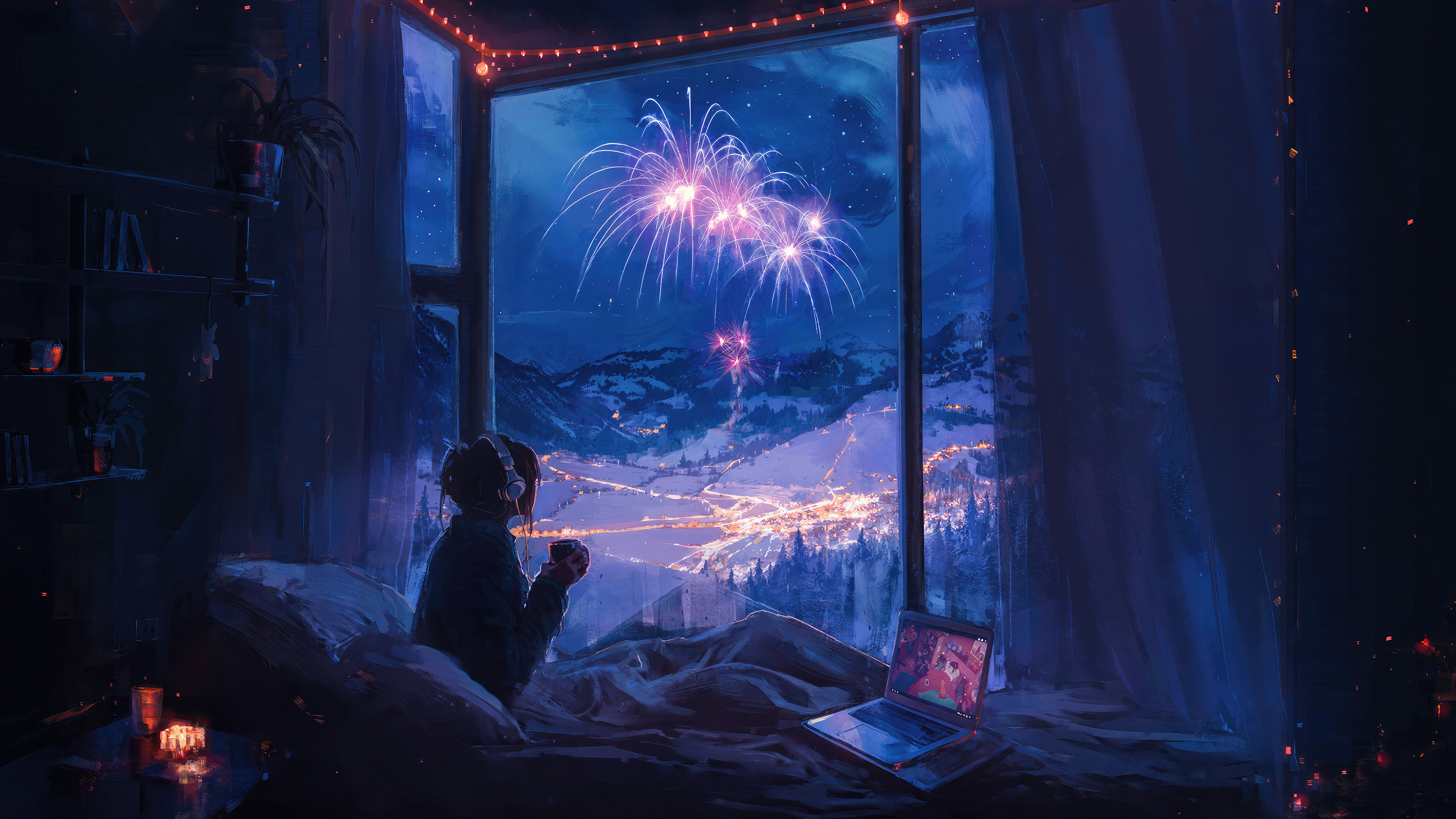 新年的夜晚,天空, 山脉,烟花,室内女孩望向远处4K壁纸3840x2160