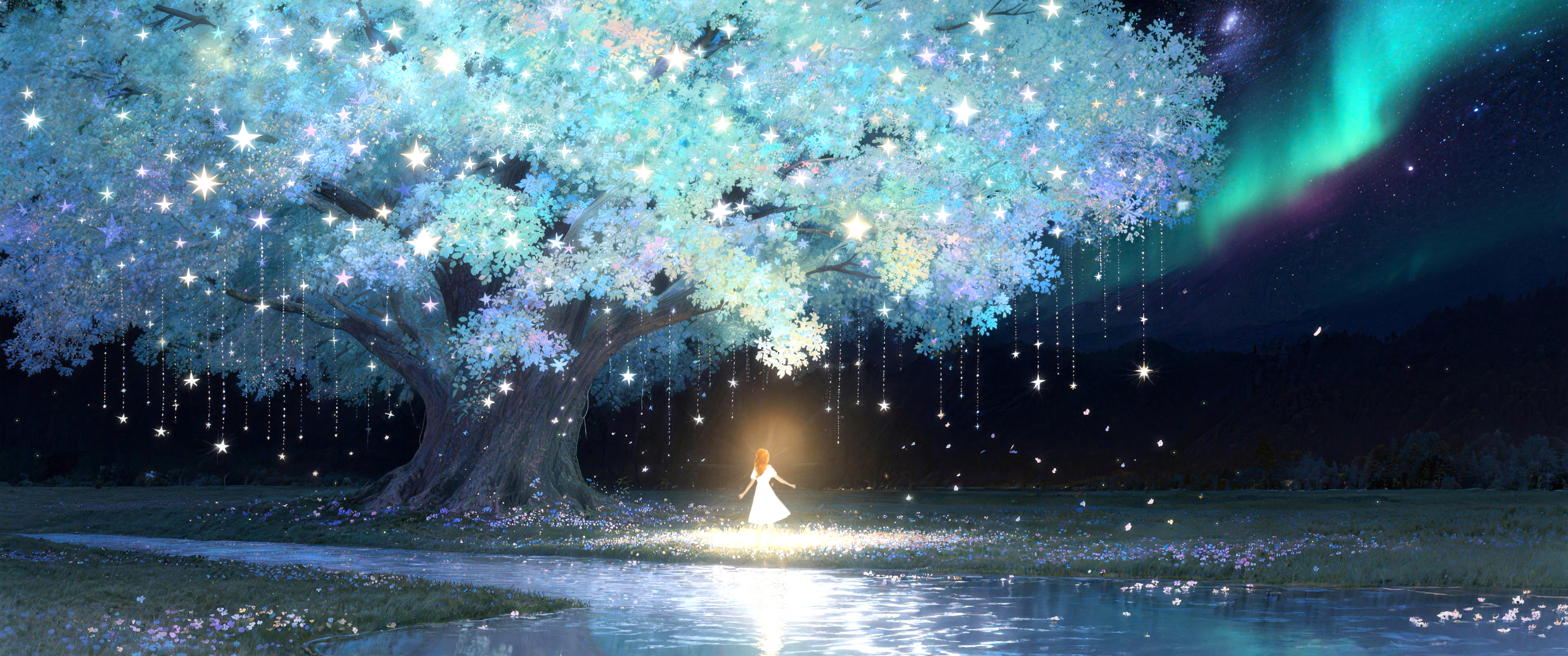极夜梦境 小女孩 大树 河流 唯美3440x1440带鱼屏壁纸