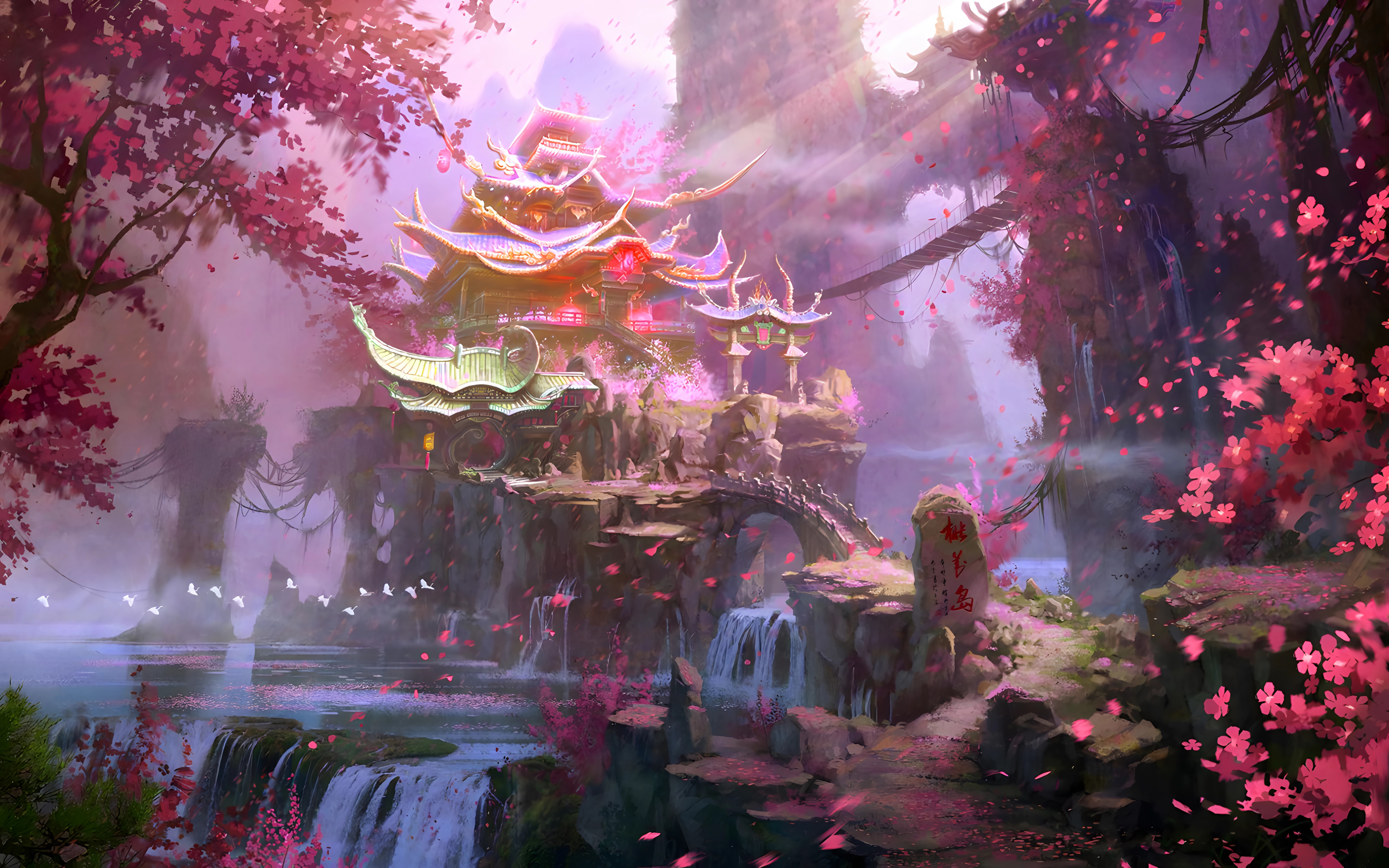 桃花岛 古风仙侠建筑 唯美风景绘画4K壁纸 3840x2400