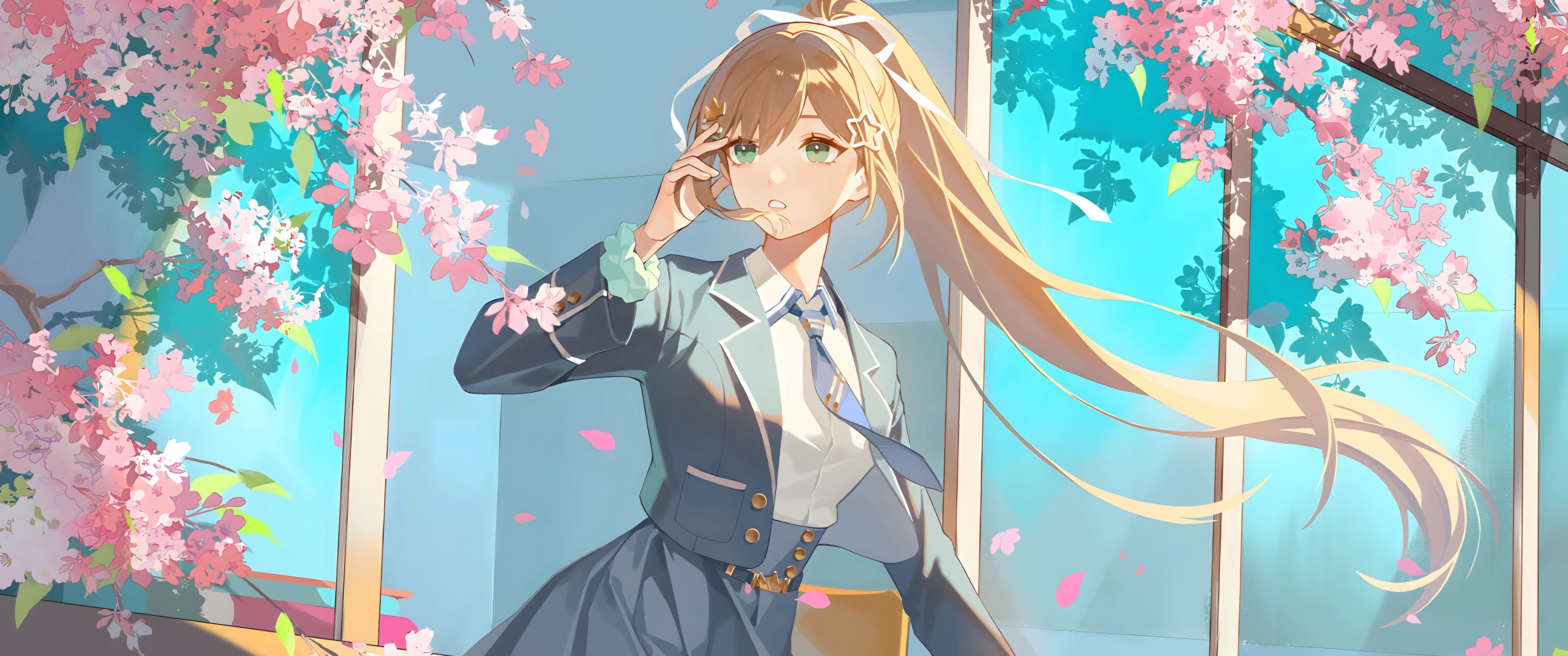 樱花 高马尾动漫少女 3440x1440带鱼屏壁纸