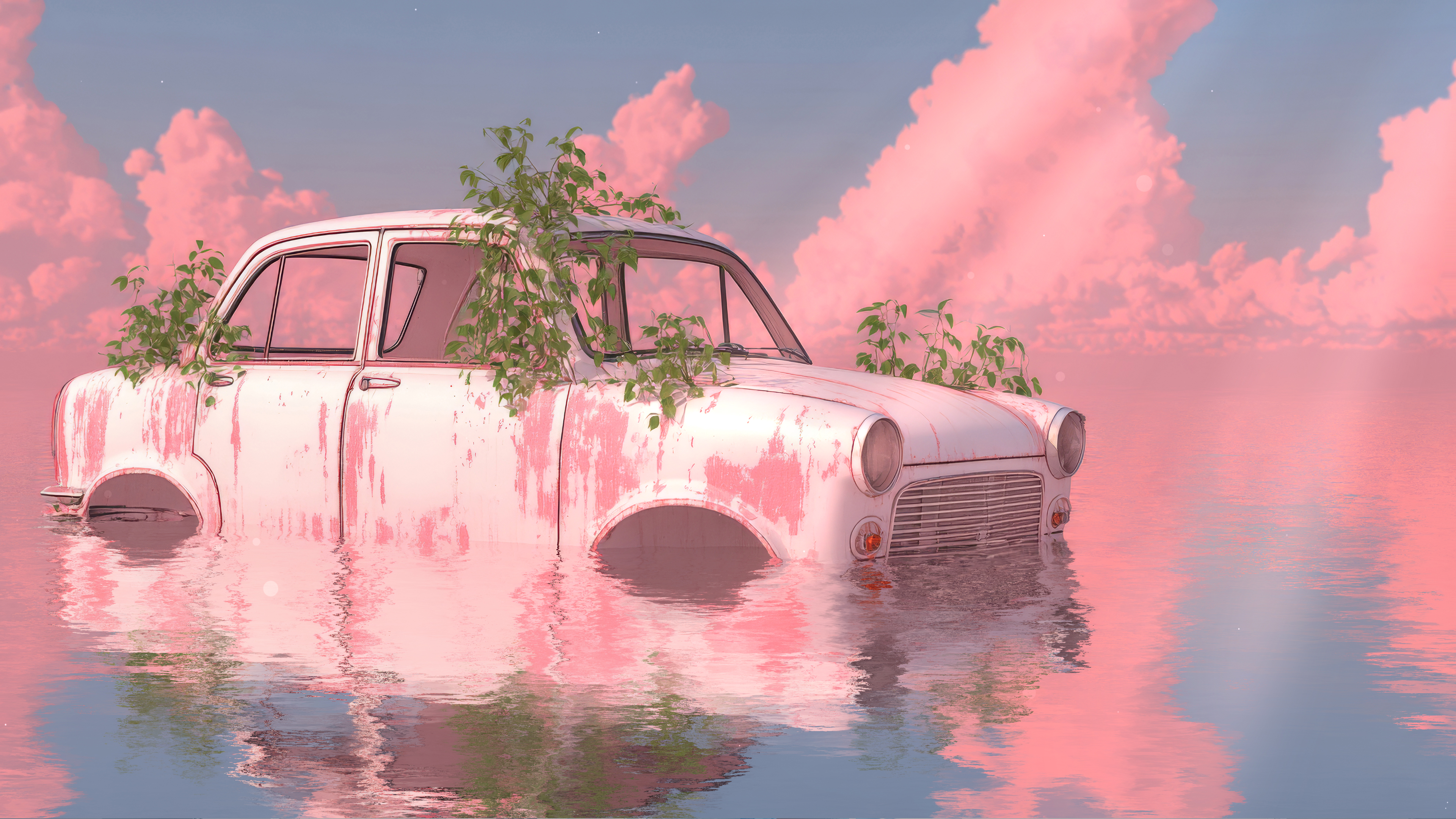 水中一辆粉色旧车4K风景壁纸3840x2160