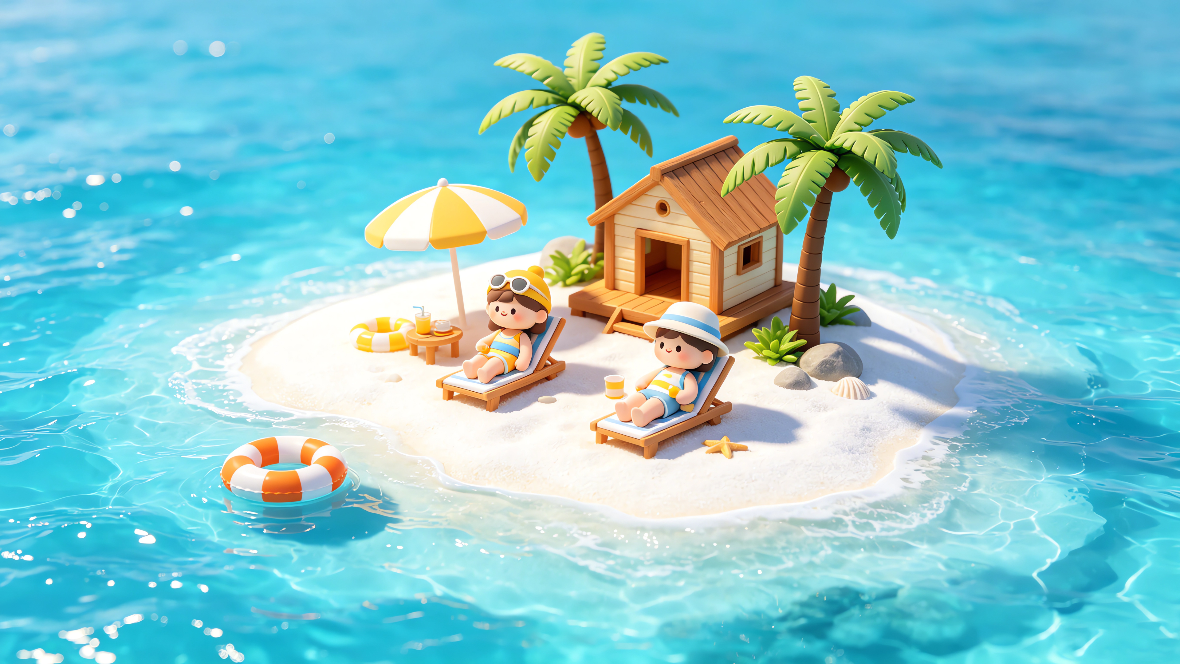 海岛度假小屋绘画风景4K壁纸3840x2160