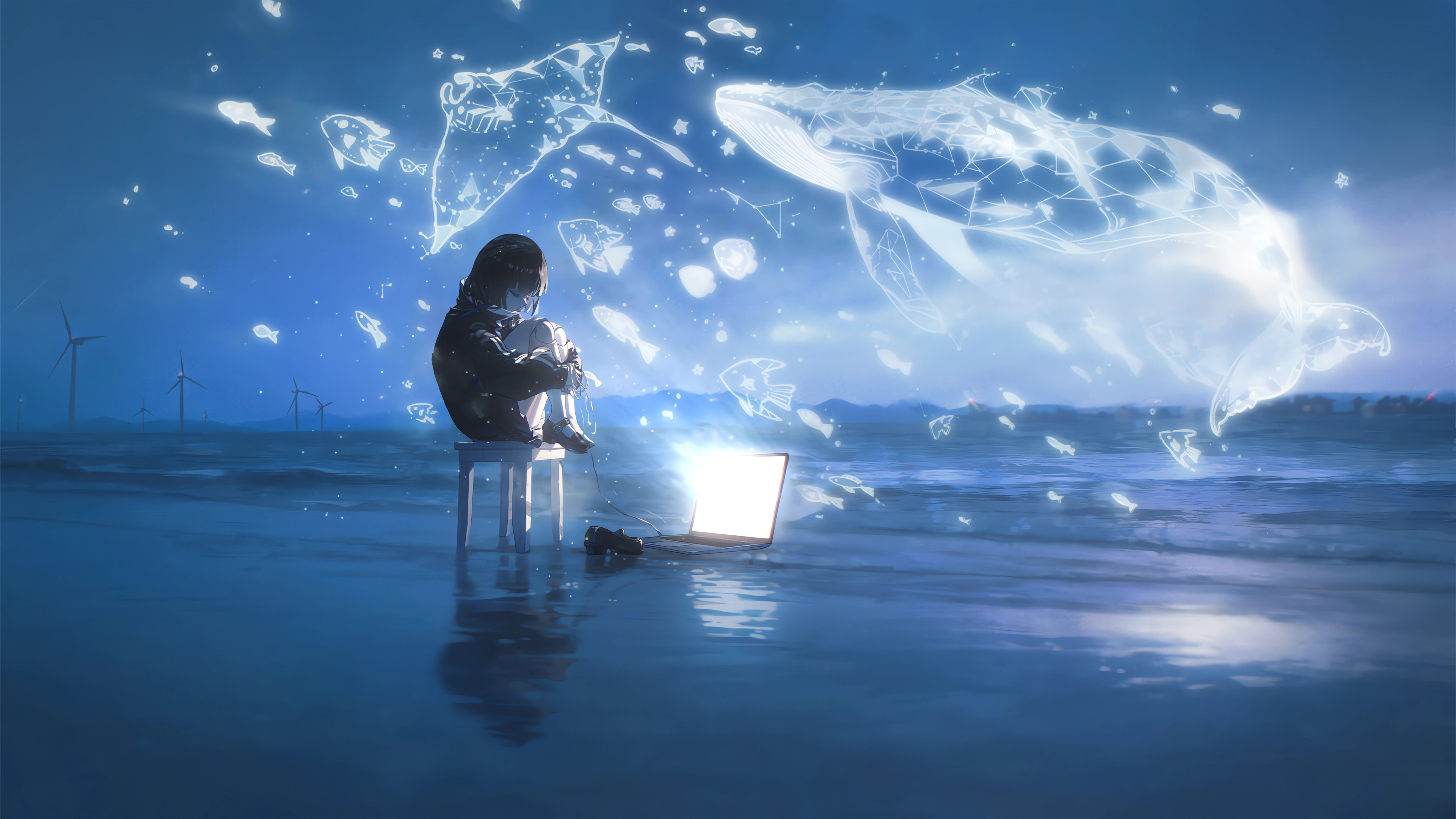 海边 天空 鱼 少女 凳子 4K壁纸 3840x2160
