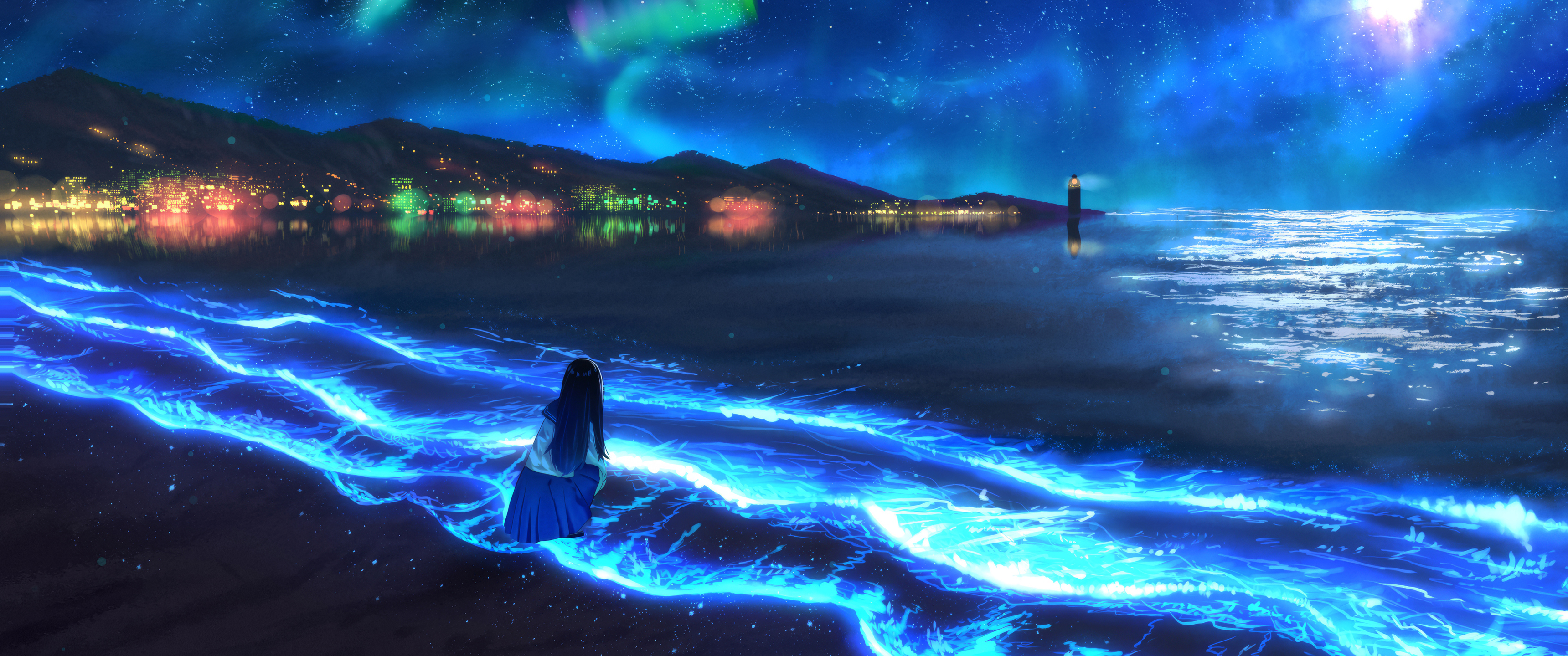 海边 海浪 少女背影 夜晚星空 灯塔 3440x1440带鱼屏动漫壁纸
