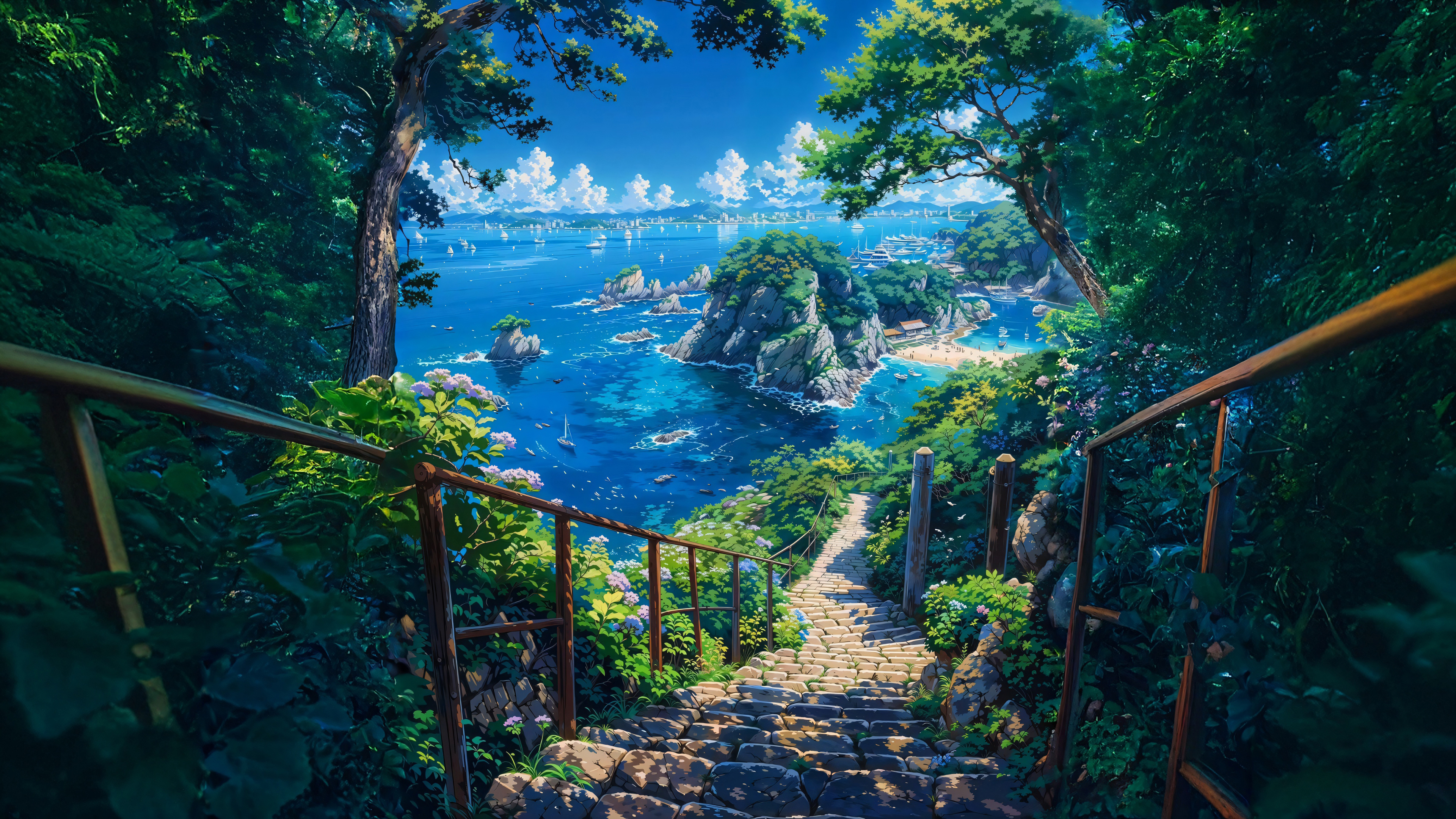 海边小径 蓝色海洋4K风景壁纸