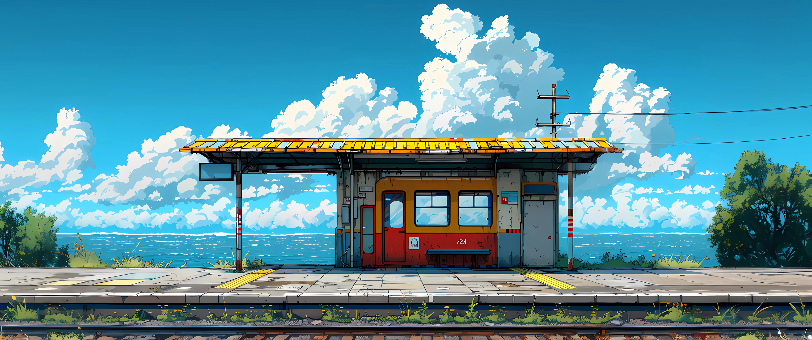 海边小站风景绘画3440x1440壁纸