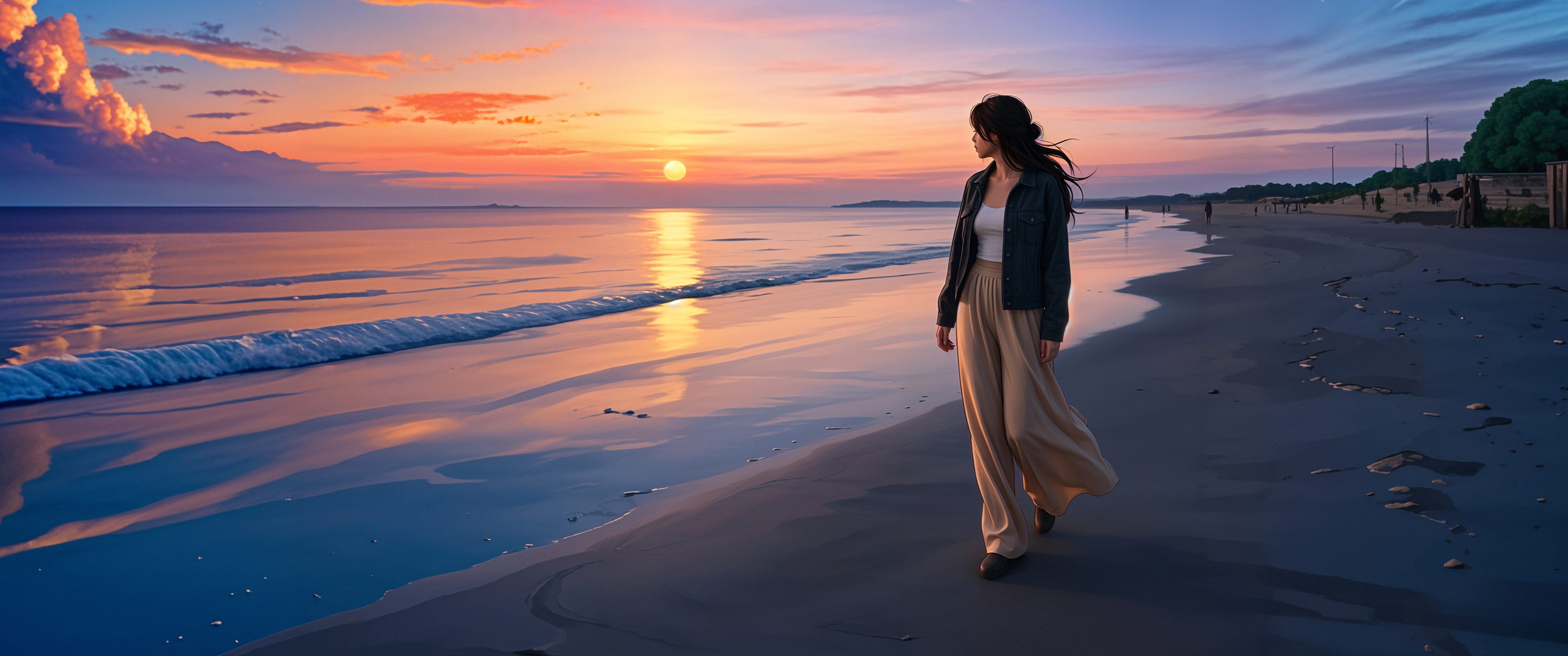 海边少女 海滩 日落唯美带鱼屏桌面壁纸3440x1440