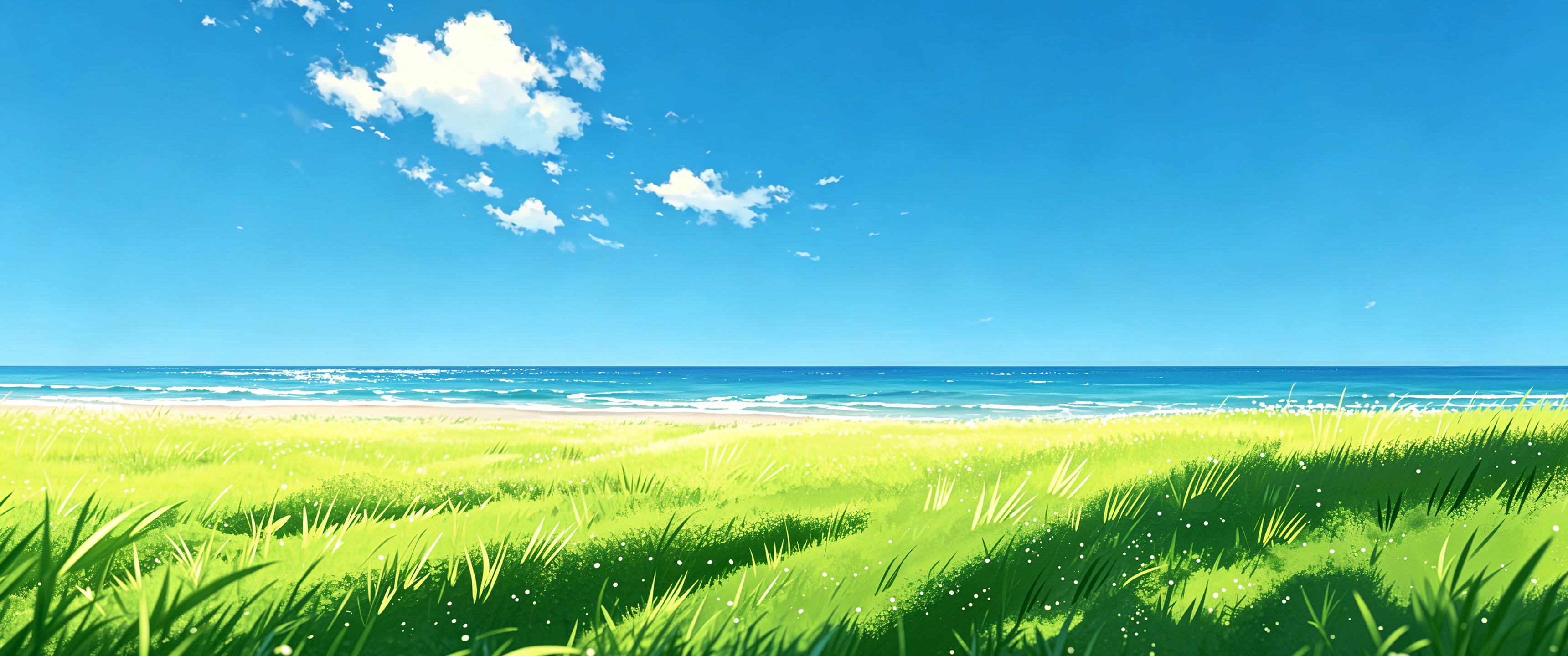 海边绿草地清新绘画风景 3440x1440带鱼屏壁纸