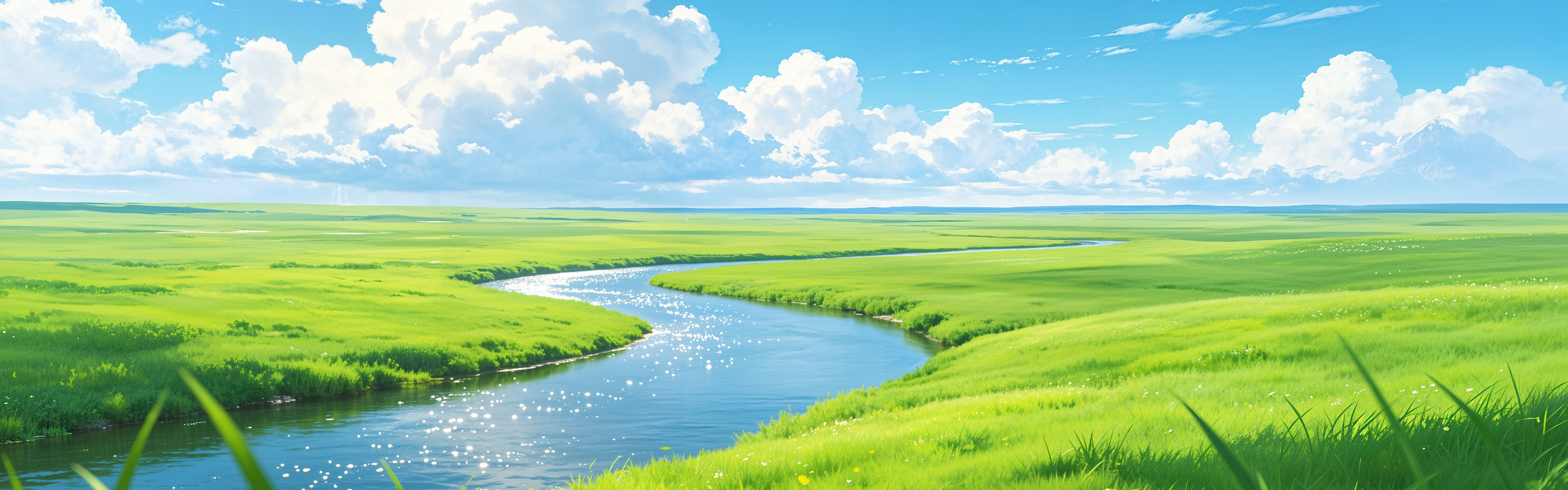 清新绿色草原河流5120x1600高清风景桌面壁纸5120x1600