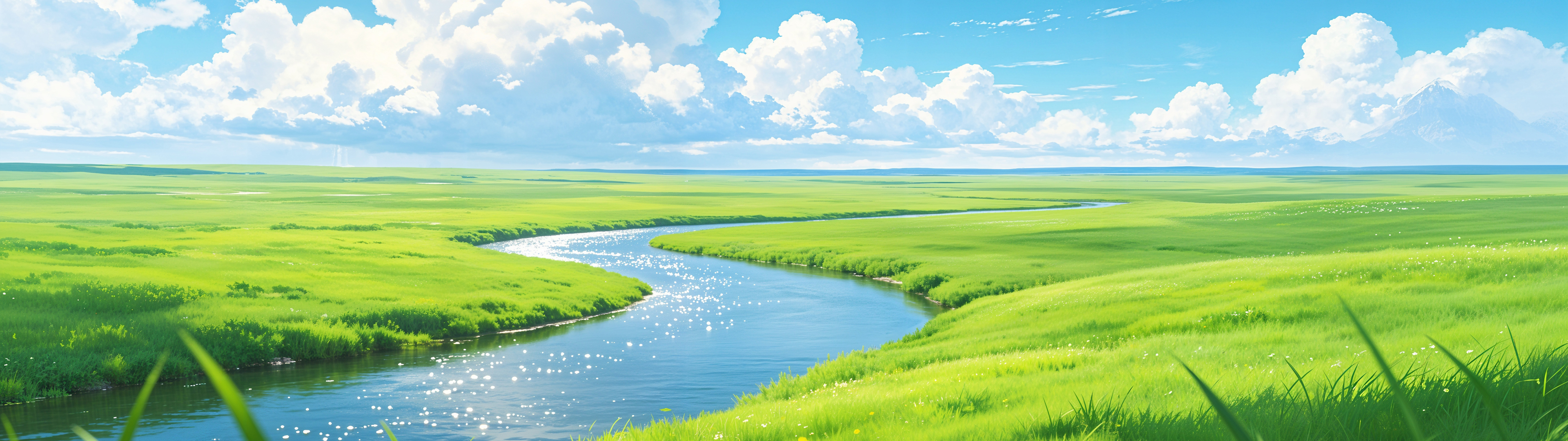 清新绿草原河流3840x1080高清风景壁纸