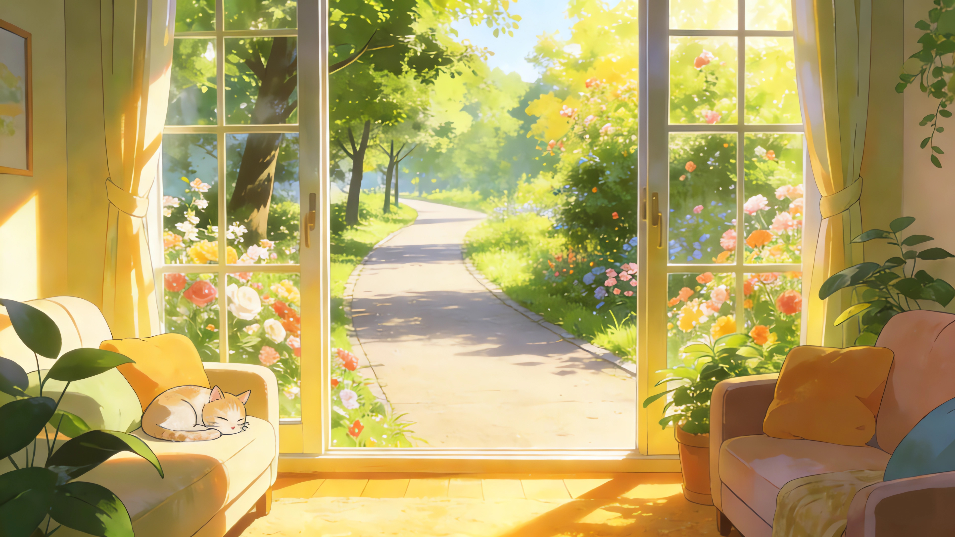 温馨的家 沙发 猫 花园小道风景4K壁纸3840x2160