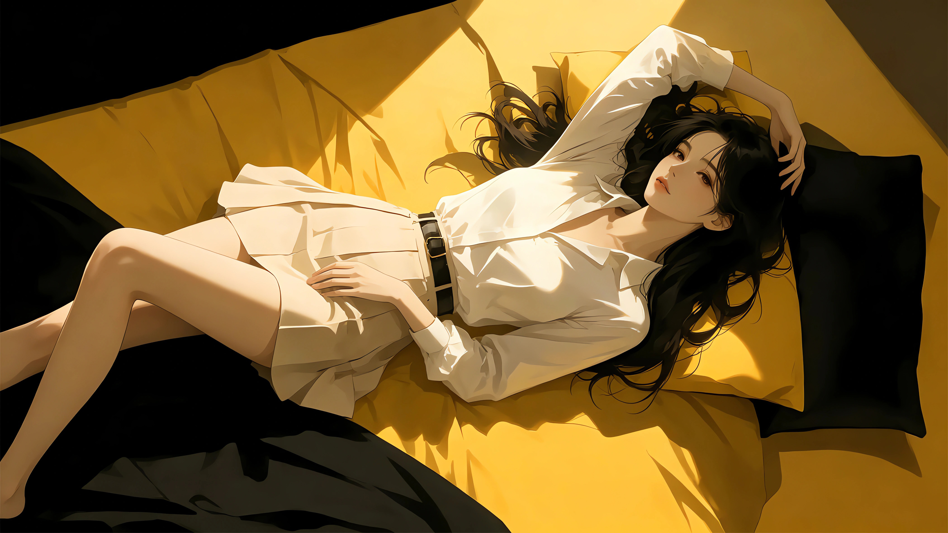 漂亮少女慵懒卧床 光影 唯美好看插画 4k电脑壁纸 3840x2160