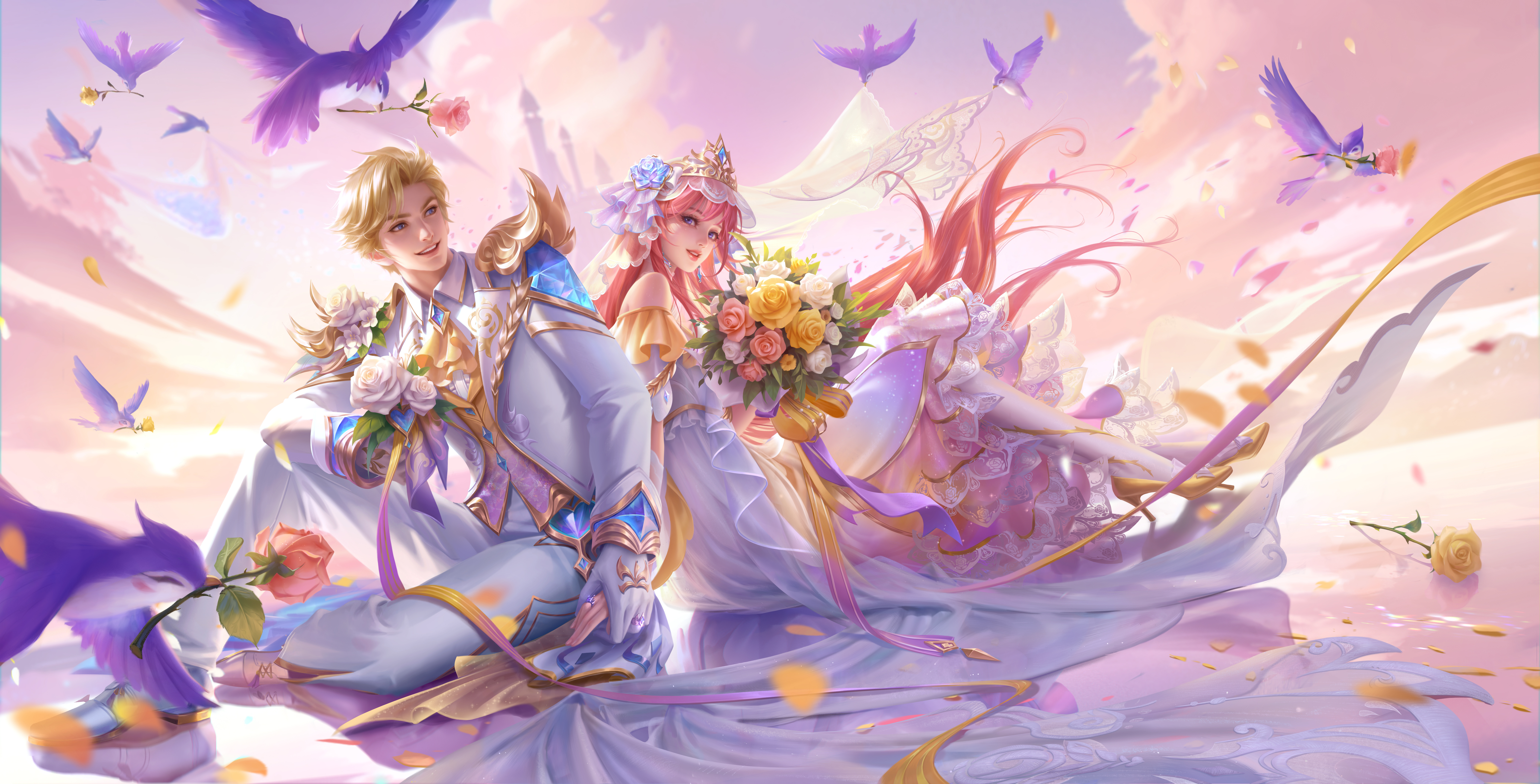 王者荣耀 孙策大乔-挚爱花嫁星元 超清无水印 8K游戏壁纸8120x4134