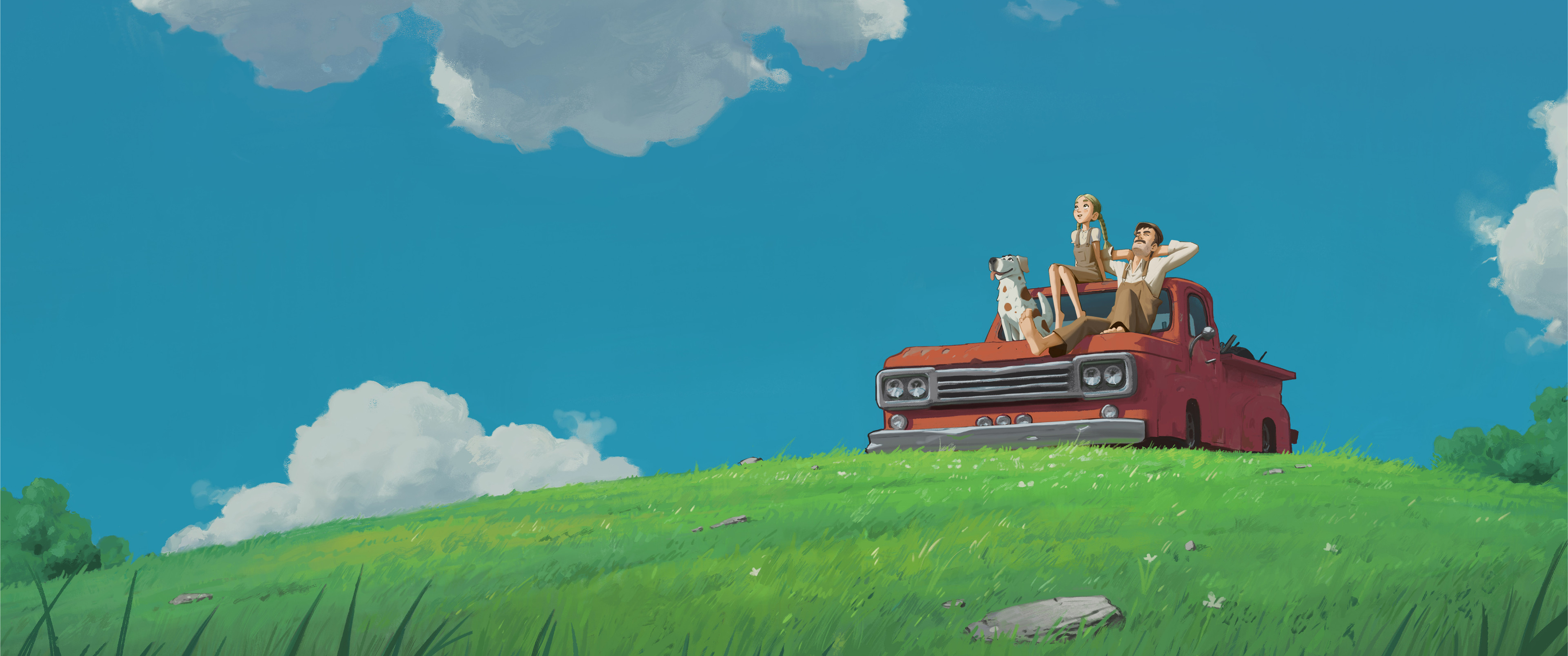 田野风景 天空 云 绿草地 皮卡车 小女孩 狗 3440x1440带鱼屏壁纸