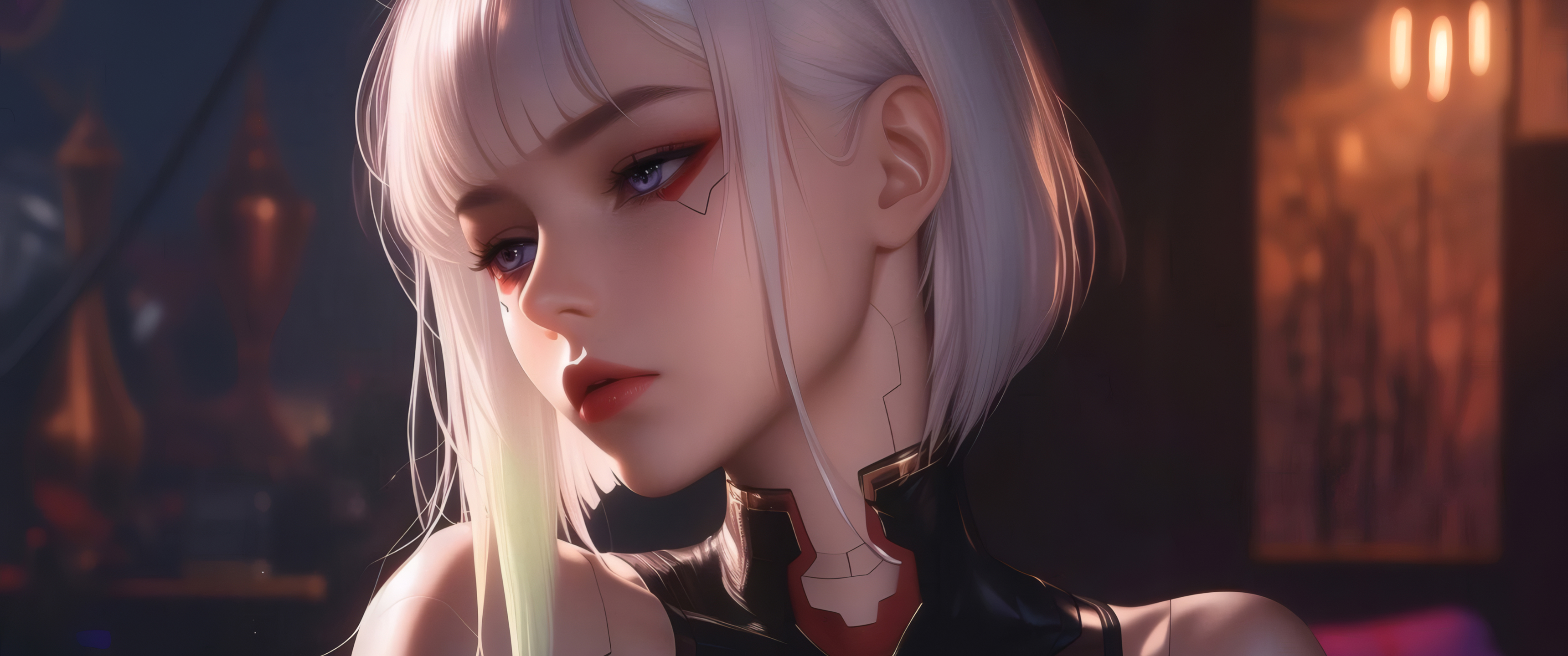 白发少女 赛博朋克风 3440x1440带鱼屏动漫壁纸