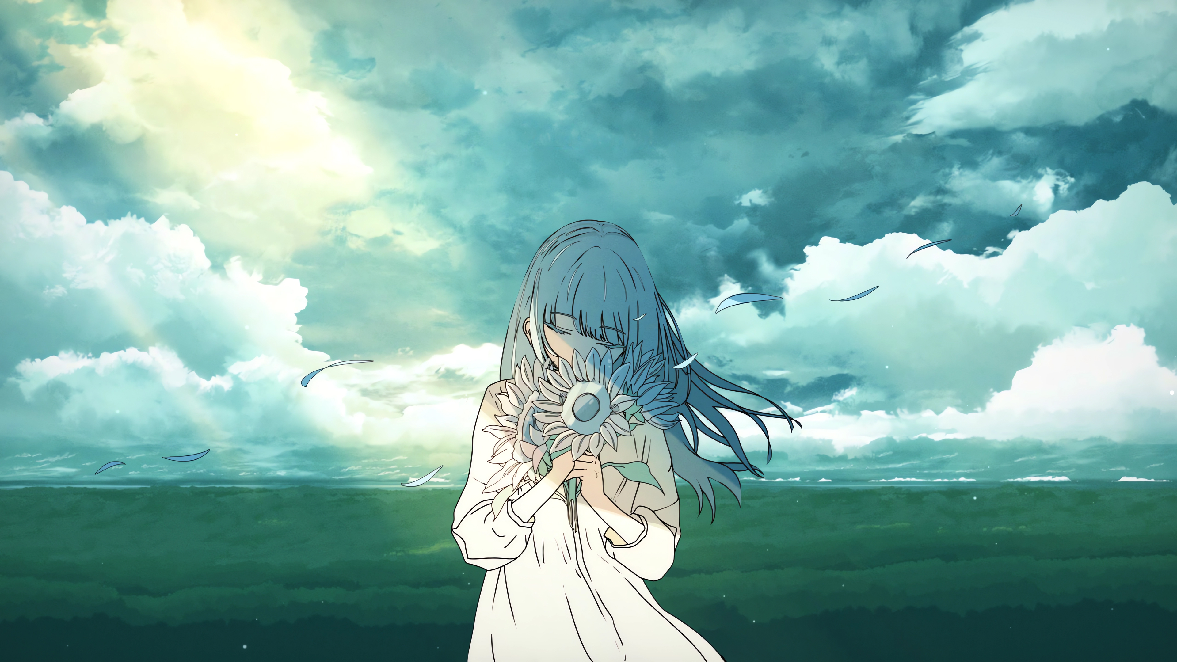 白天 云 少女 向日葵 4K动漫风景壁纸3840x2160