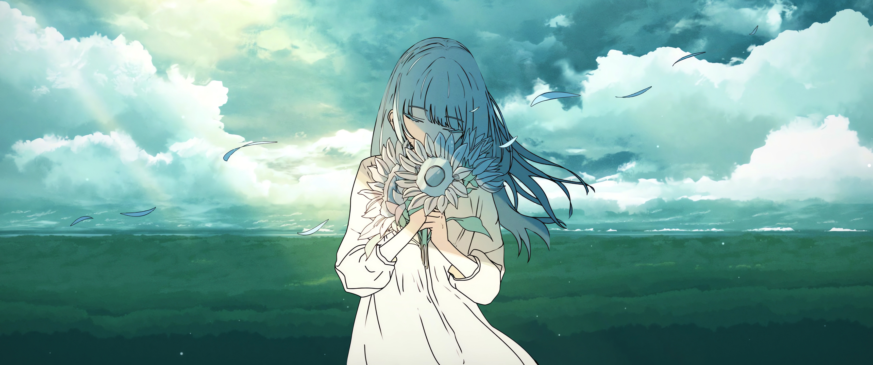 白天 云 少女 向日葵3440x1440带鱼屏壁纸