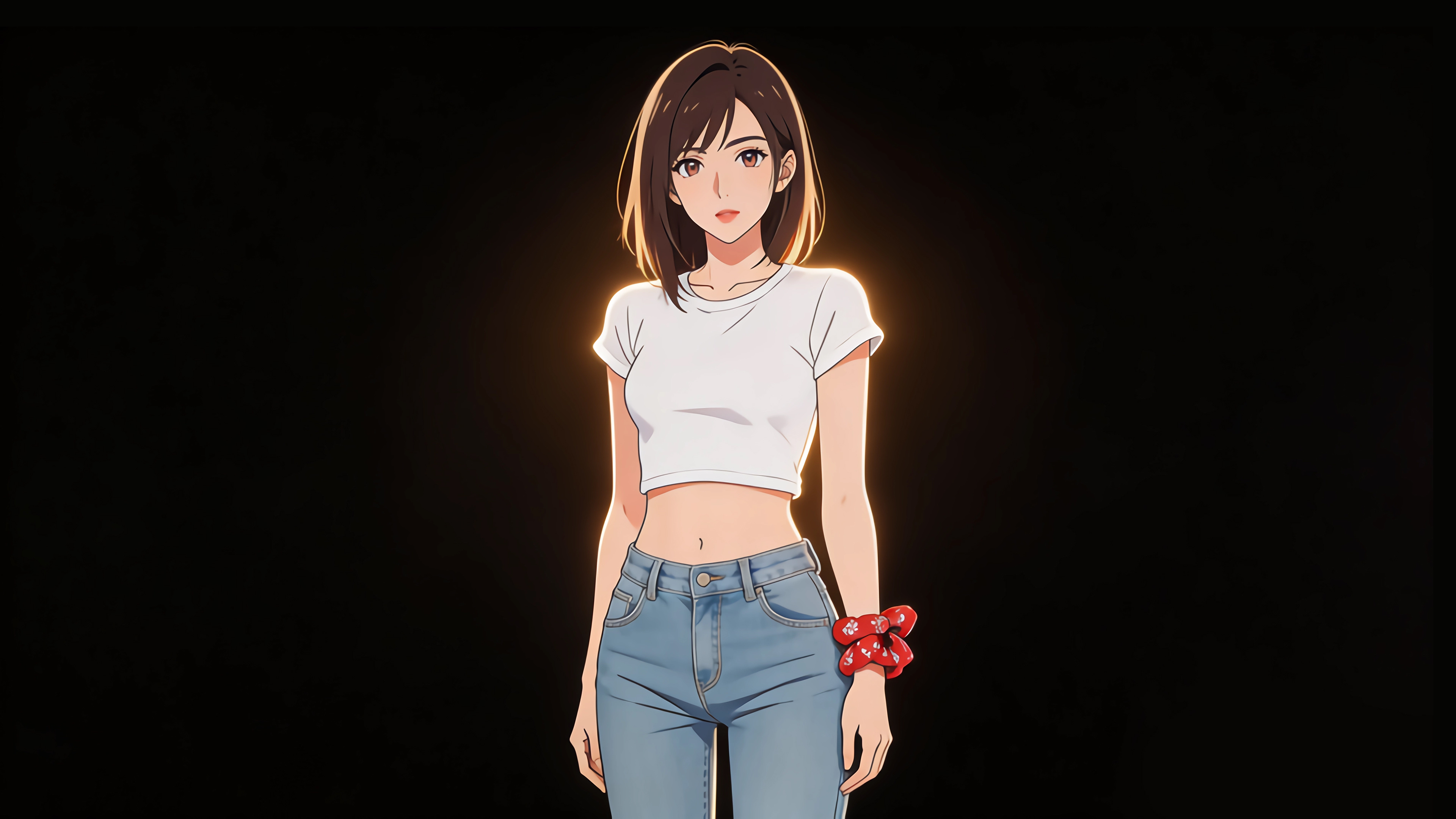 短发动漫美女 白色衣服 牛仔裤 光影 暗黑 4K壁纸3840x2160
