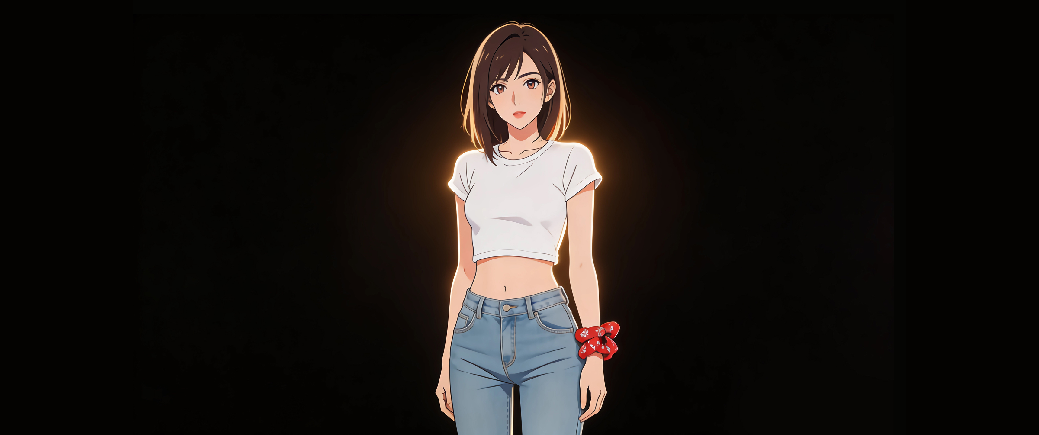短发动漫美女 白色衣服 牛仔裤3440x1440带鱼屏壁纸